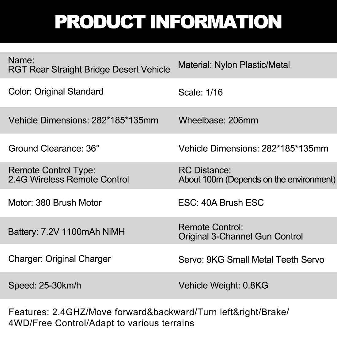 RGT 136163 1/16 4WD 2.4Ghz RC Racing Rear Straight Bridge Off-road Desert Truck