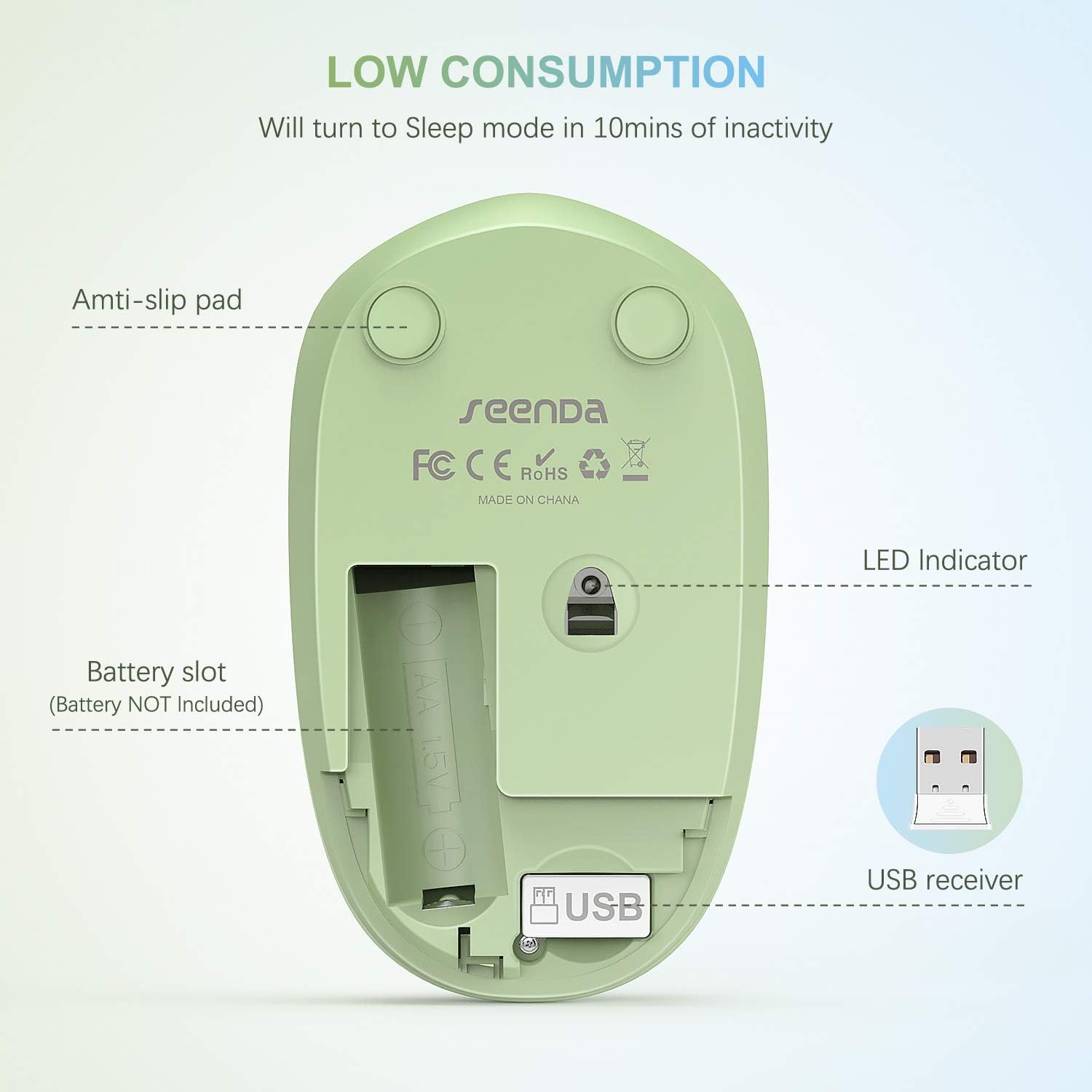 seenda Wireless Mouse, 2.4G Noiseless Mouse with USB Receiver - Portable Computer Mice for PC, Tablet, Laptop with Windows System - Mint Green