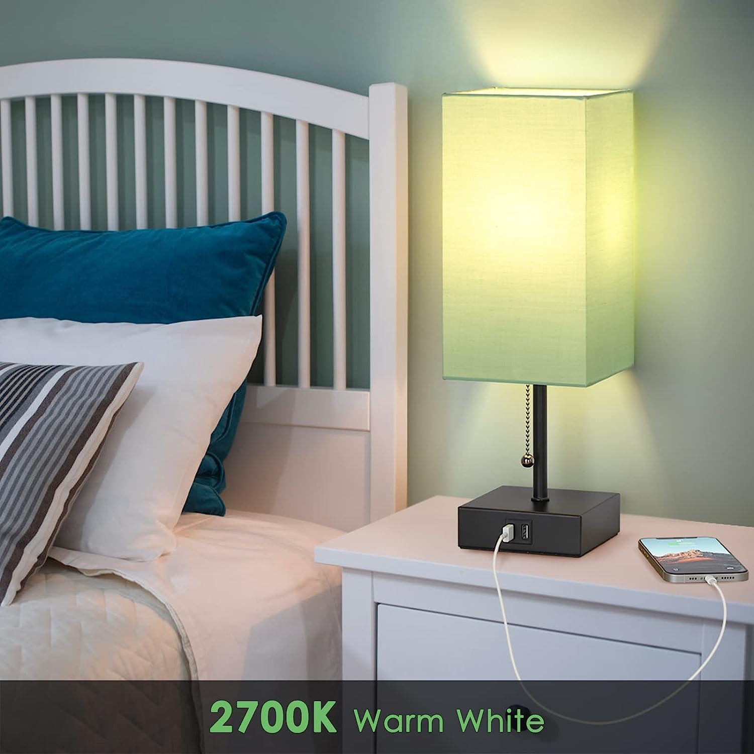 GGOYING Bedside Table Lamp, Pull Chain Table Lamp with Dual USB Charging Ports, 2700K LED Bulb, Fabric Linen Lampshade, Nightstand Lamp for Livingroom Bedroom Office Reading Working