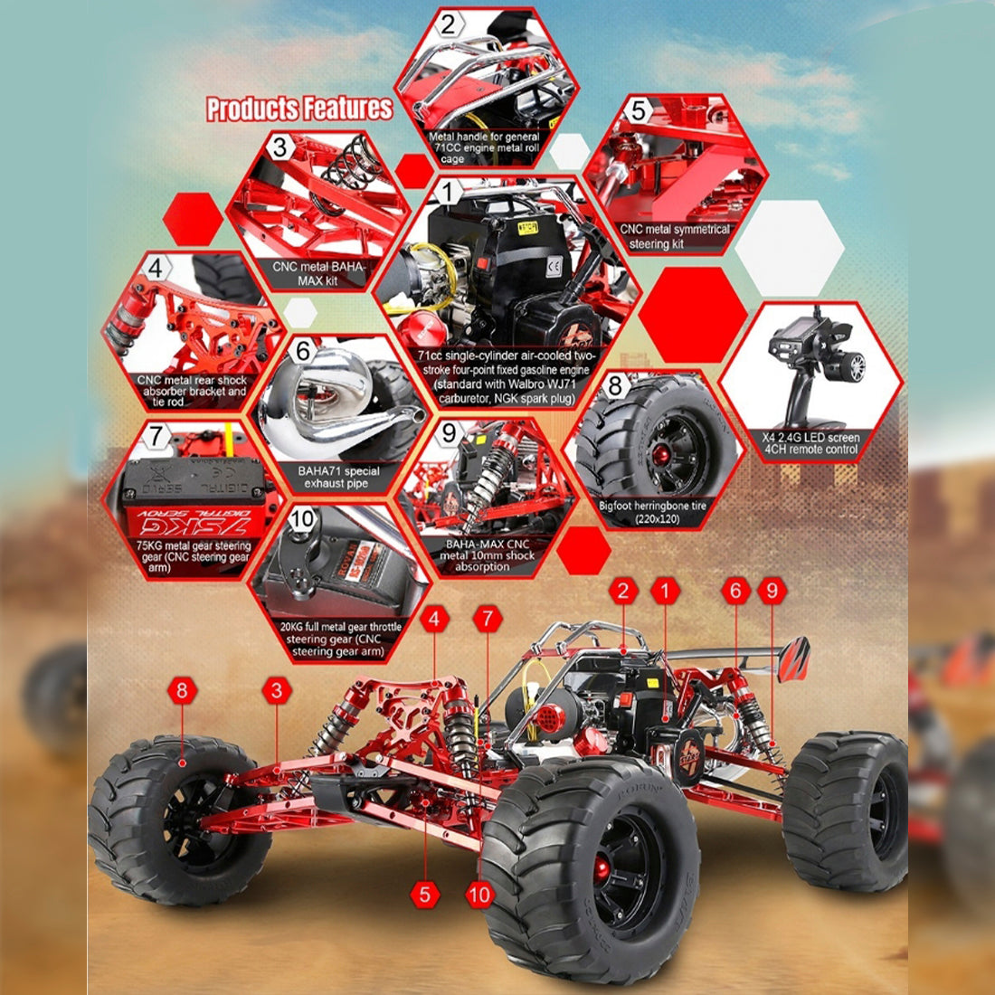 ROFUN BAHA710MAX 1/5 2WD 2.4G RC Gasoline Off-road Car Model (RTR Version)