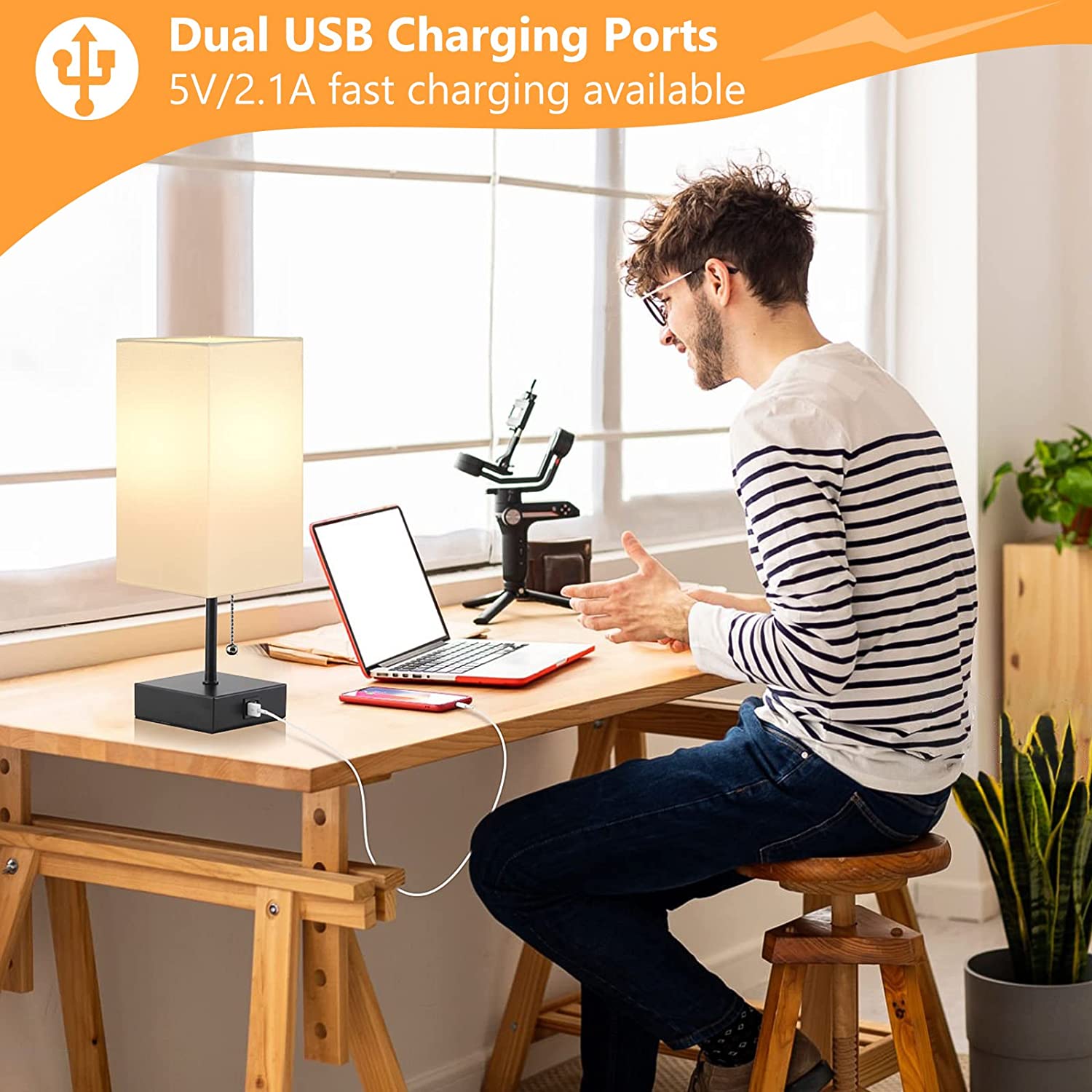 GGOYING Bedside Table Lamp, Pull Chain Table Lamp with Dual USB Charging Ports, 2700K LED Bulb, Fabric Linen Lampshade, Nightstand Lamp for Livingroom Bedroom Office Reading Working