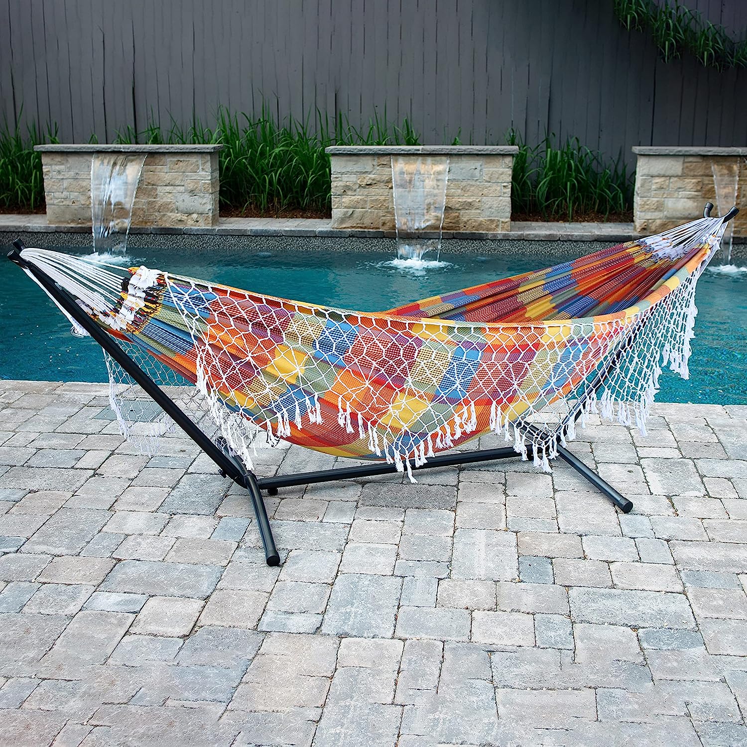 Double Cotton Hammock with Space Saving Steel Stand, Tropical (450 lb Capacity - Premium Carry Bag Included)