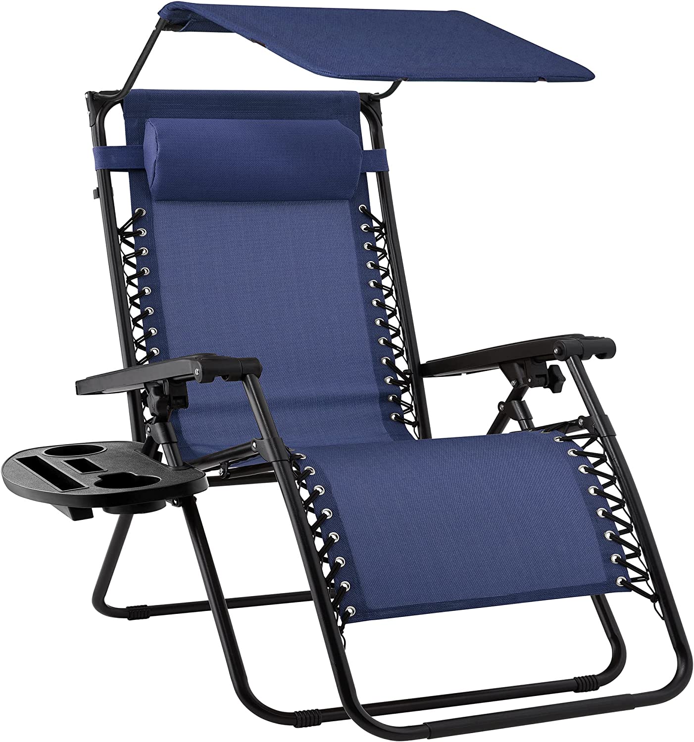 Folding Zero Gravity Outdoor Recliner Patio Lounge Chair w/Adjustable Canopy Shade, Headrest, Side Accessory Tray, Textilene Mesh - Beige