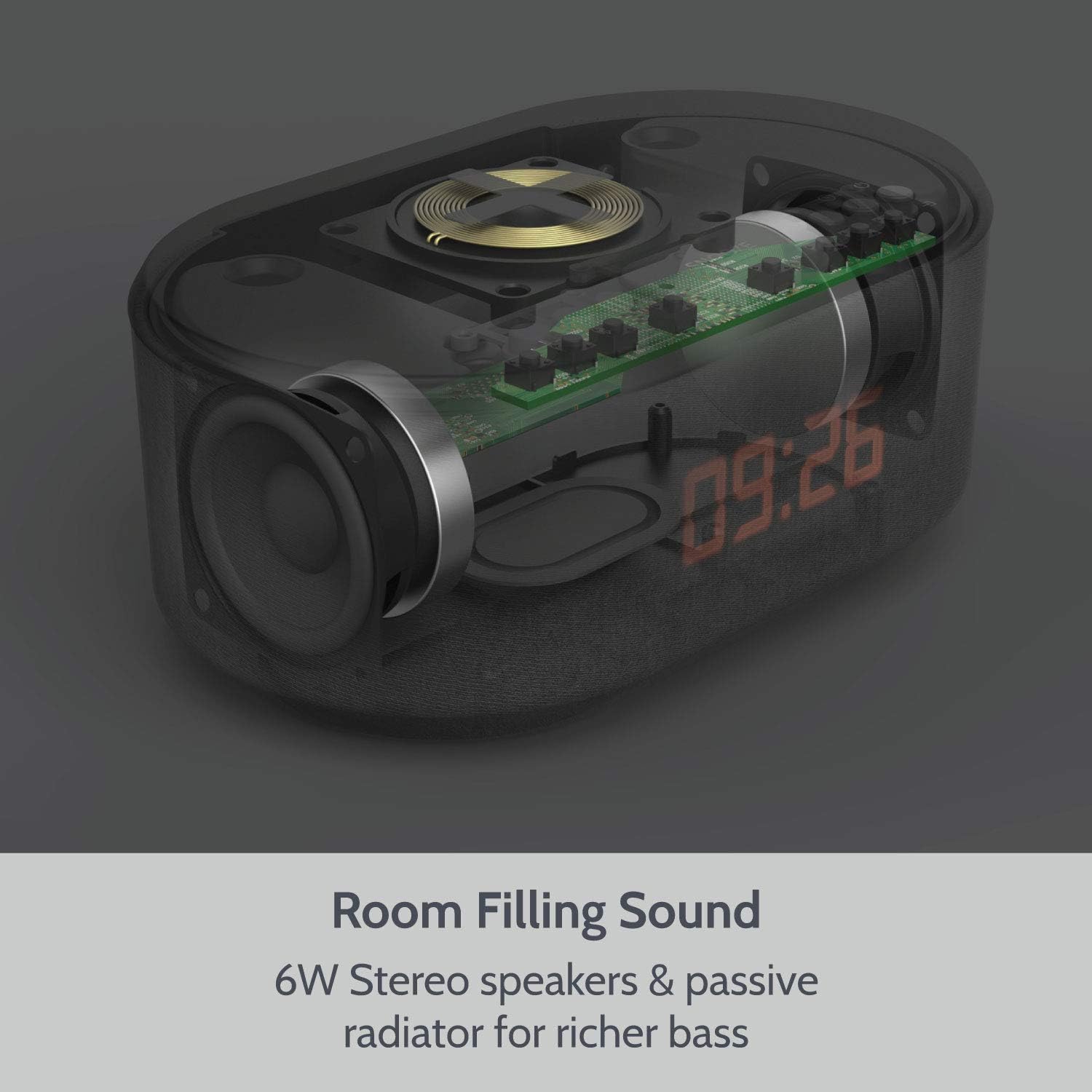 i-box Bedside Radio Alarm Clock with USB Charger, Bluetooth Speaker, QI Wireless Charging, Dual Alarm Dimmable LED Display (Grey)