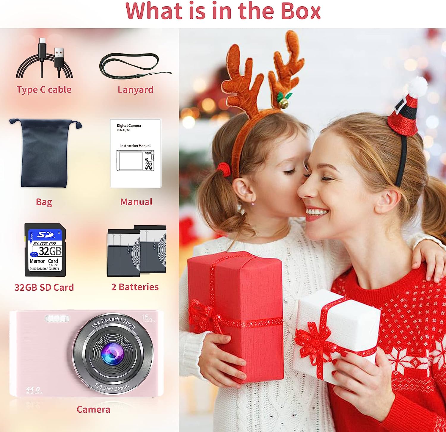 Saneen Digital Camera, FHD 2.7K Cameras for Photography, 44MP Kids Camera Small Compact Digital Camera for Teens, Adults & Beginners with 32GB SD Card, 16X Zoom, Two Rechargeable Batteries-Pink