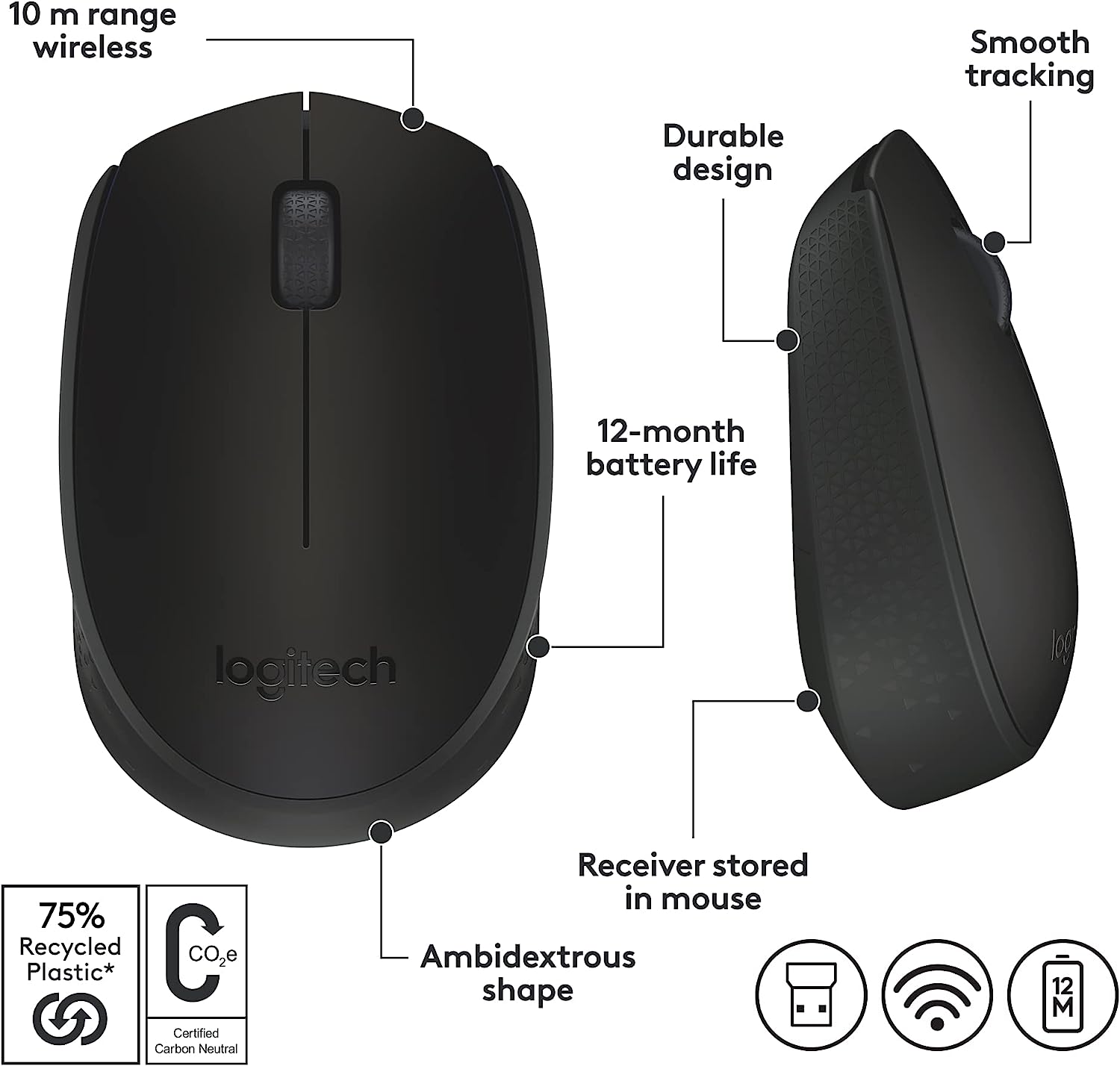 Logitech M170 Wireless Mouse for PC, Mac, Laptop, 2.4 GHz with USB Mini Receiver, Optical Tracking, 12-Months Battery Life, Ambidextrous - Blue Grey
