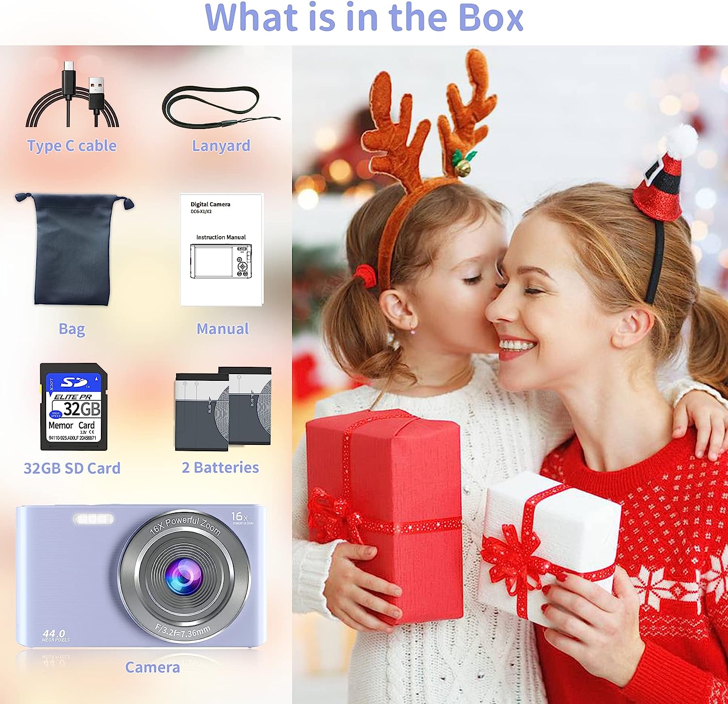 Saneen Digital Camera, FHD 2.7K Cameras for Photography, 44MP Kids Camera Small Compact Digital Camera for Teens, Adults & Beginners with 32GB SD Card, 16X Zoom, Two Rechargeable Batteries-Pink