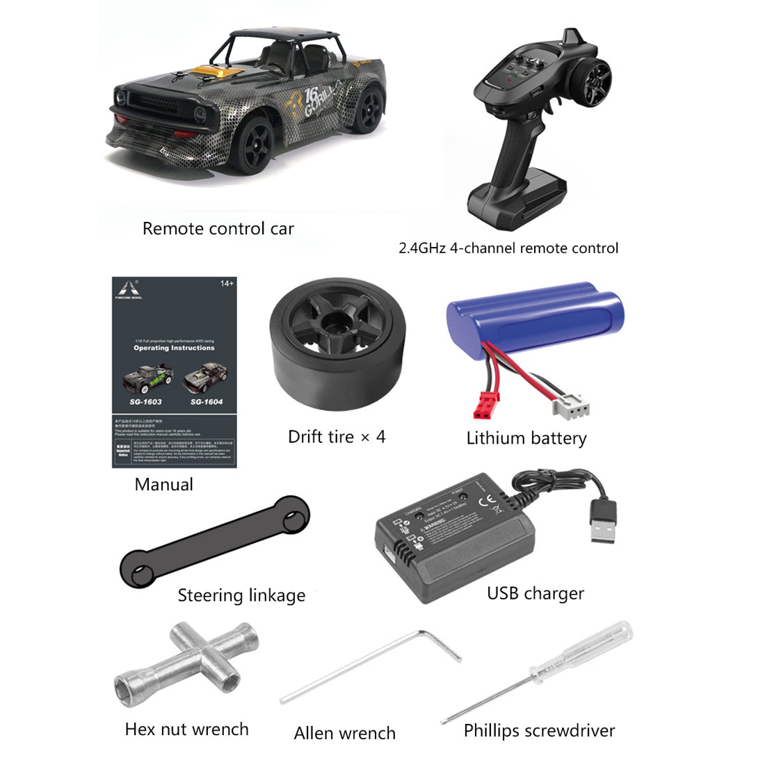 RC Car 1/16 50KM/H 4CH 4WD 2.4G Full Scale Brushless High-speed Racing Car Drifting RC Car with Front Lights - RTR Brushless Version (Grey Golden)