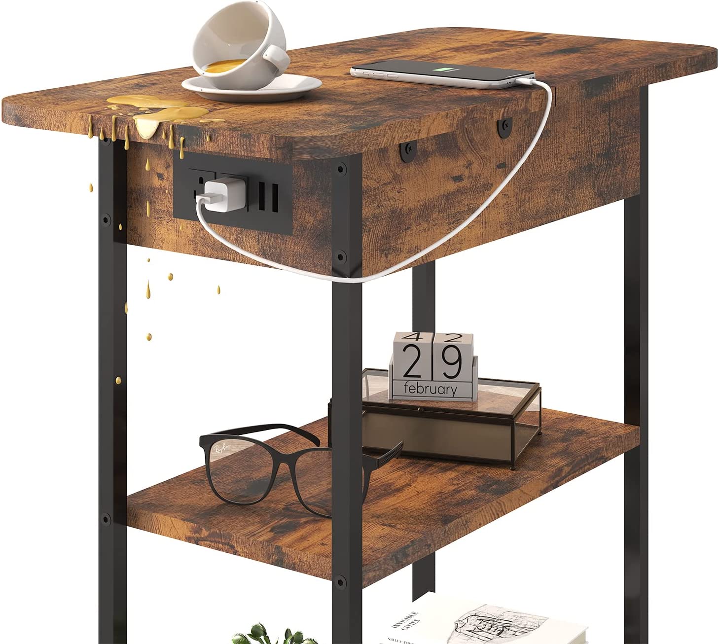 End Table with Charging Station, Flip Top Side Table with USB Ports and Outlets, Nightstand for Small Spaces, Bedside Tables with Storage Shelf for Living Room, Bedroom