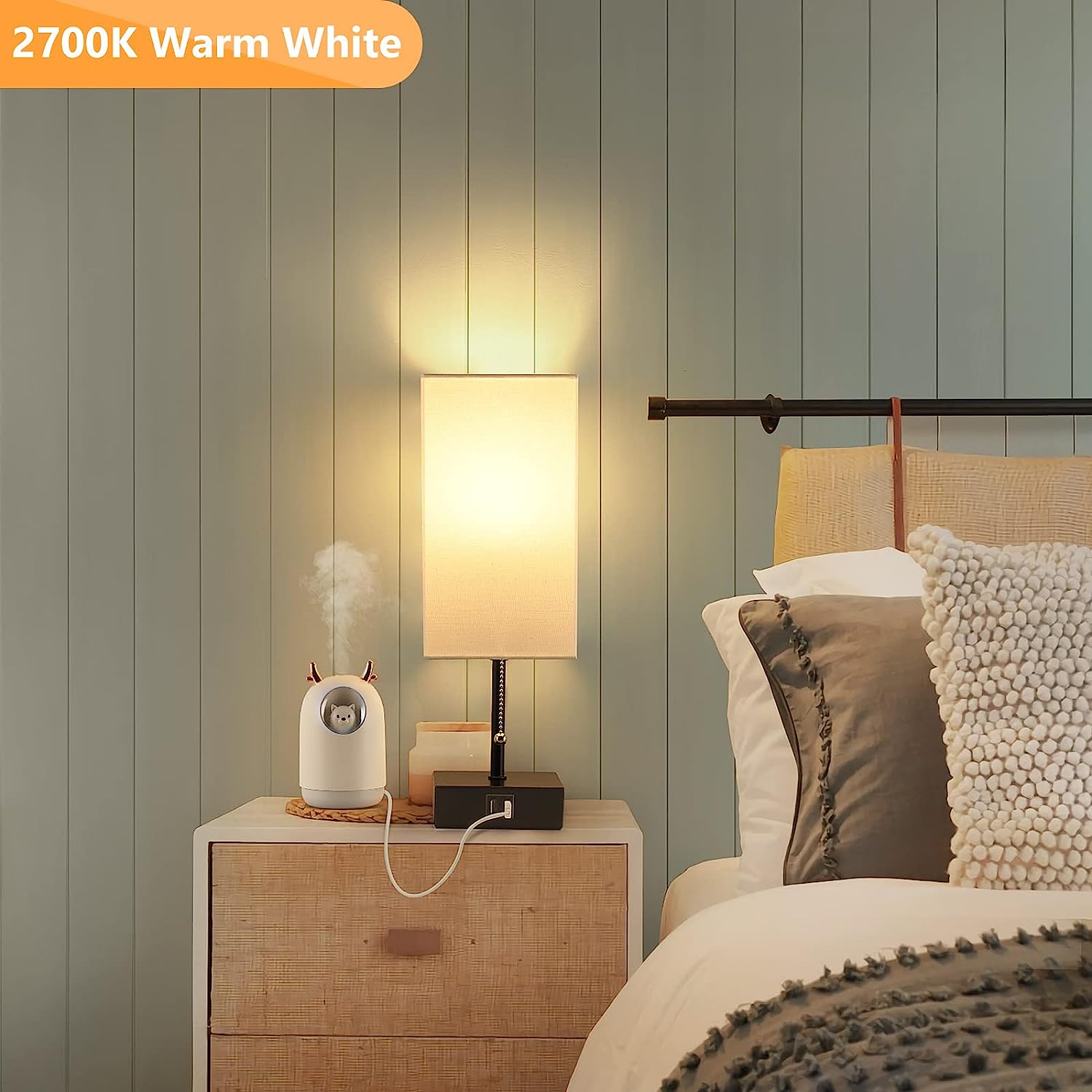 GGOYING Bedside Table Lamp, Pull Chain Table Lamp with Dual USB Charging Ports, 2700K LED Bulb, Fabric Linen Lampshade, Nightstand Lamp for Livingroom Bedroom Office Reading Working