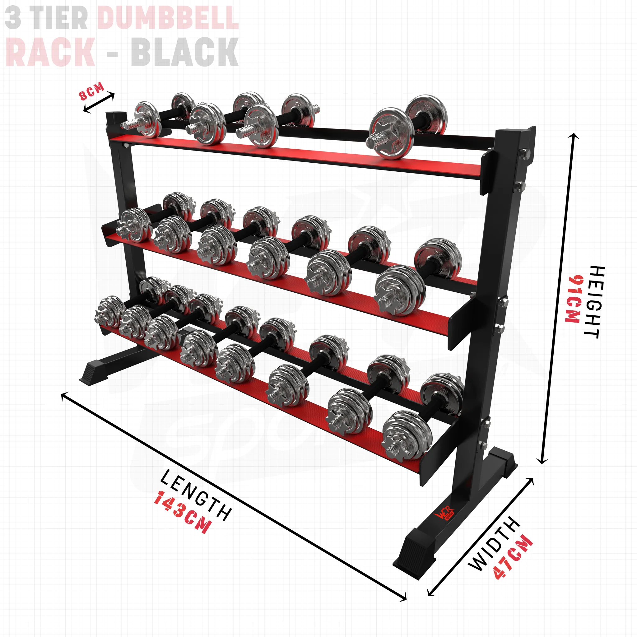 We R Sports 3 Tier Dumbbell Rack - Black