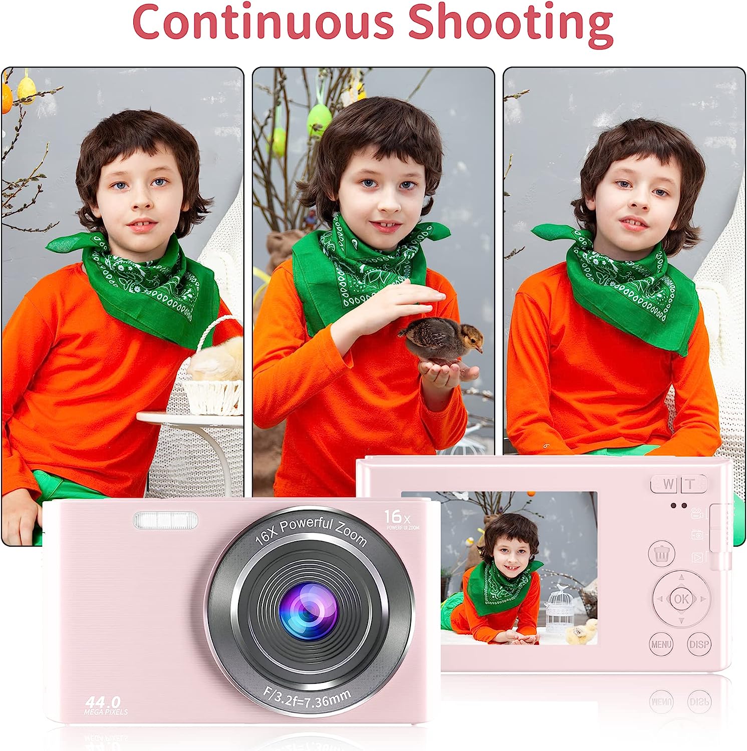 Saneen Digital Camera, FHD 2.7K Cameras for Photography, 44MP Kids Camera Small Compact Digital Camera for Teens, Adults & Beginners with 32GB SD Card, 16X Zoom, Two Rechargeable Batteries-Pink