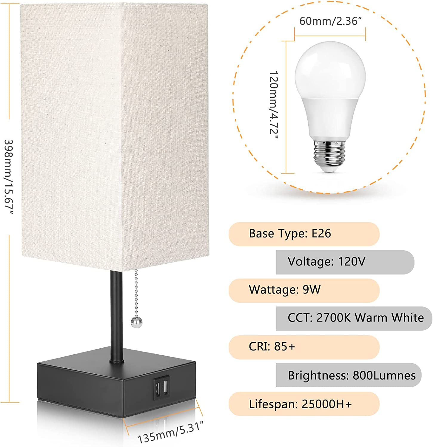 GGOYING Bedside Table Lamp, Pull Chain Table Lamp with Dual USB Charging Ports, 2700K LED Bulb, Fabric Linen Lampshade, Nightstand Lamp for Livingroom Bedroom Office Reading Working