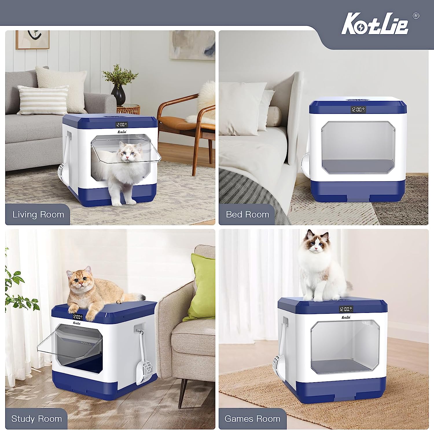 Smart Odor Removal Cat Litter Box, Covered Kitty Litter Box Extra Large Space, Enclosed Litter Box with Lid for Multiple Indoor Cats, Easy Clean, and Assemble, Includes Scoop and Mat