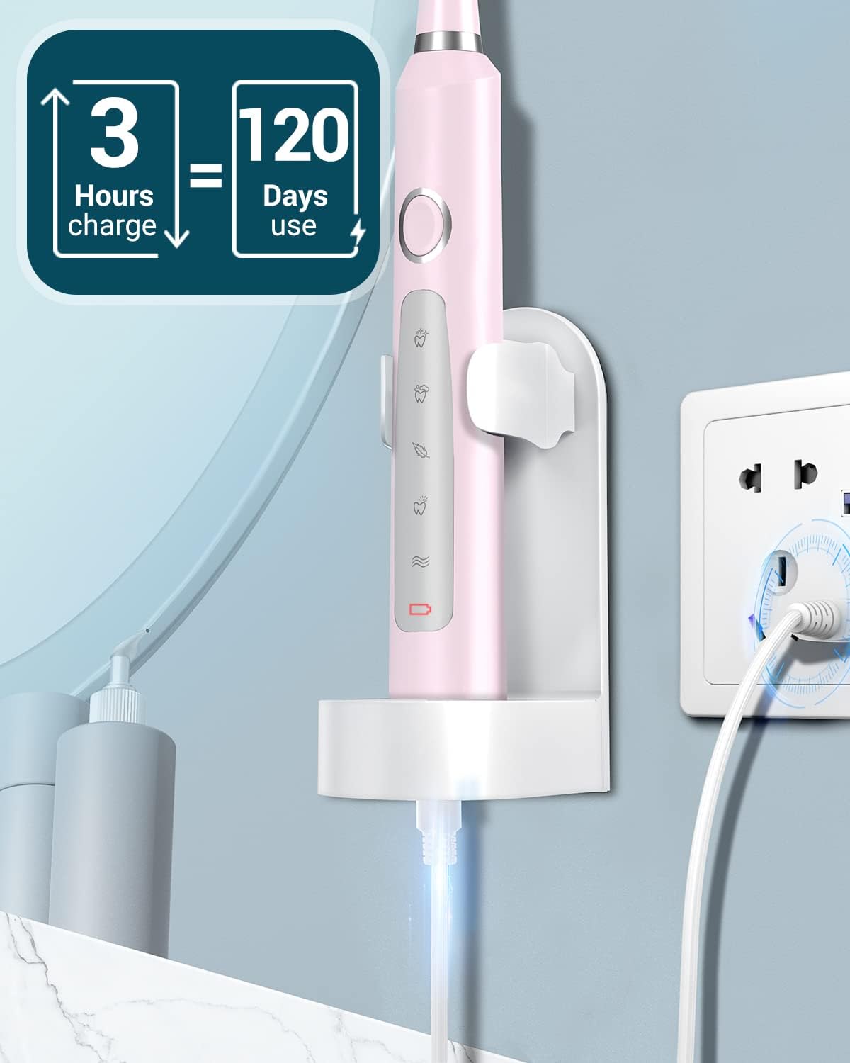 Sonic Electric Toothbrush for Adults - Rechargeable Electric Toothbrushes with 8 Brush Heads, & Travel Case,Teeth Whitening , Power Electric Toothbrush with Holder, Once Charge for 120 Days - H8 Pink