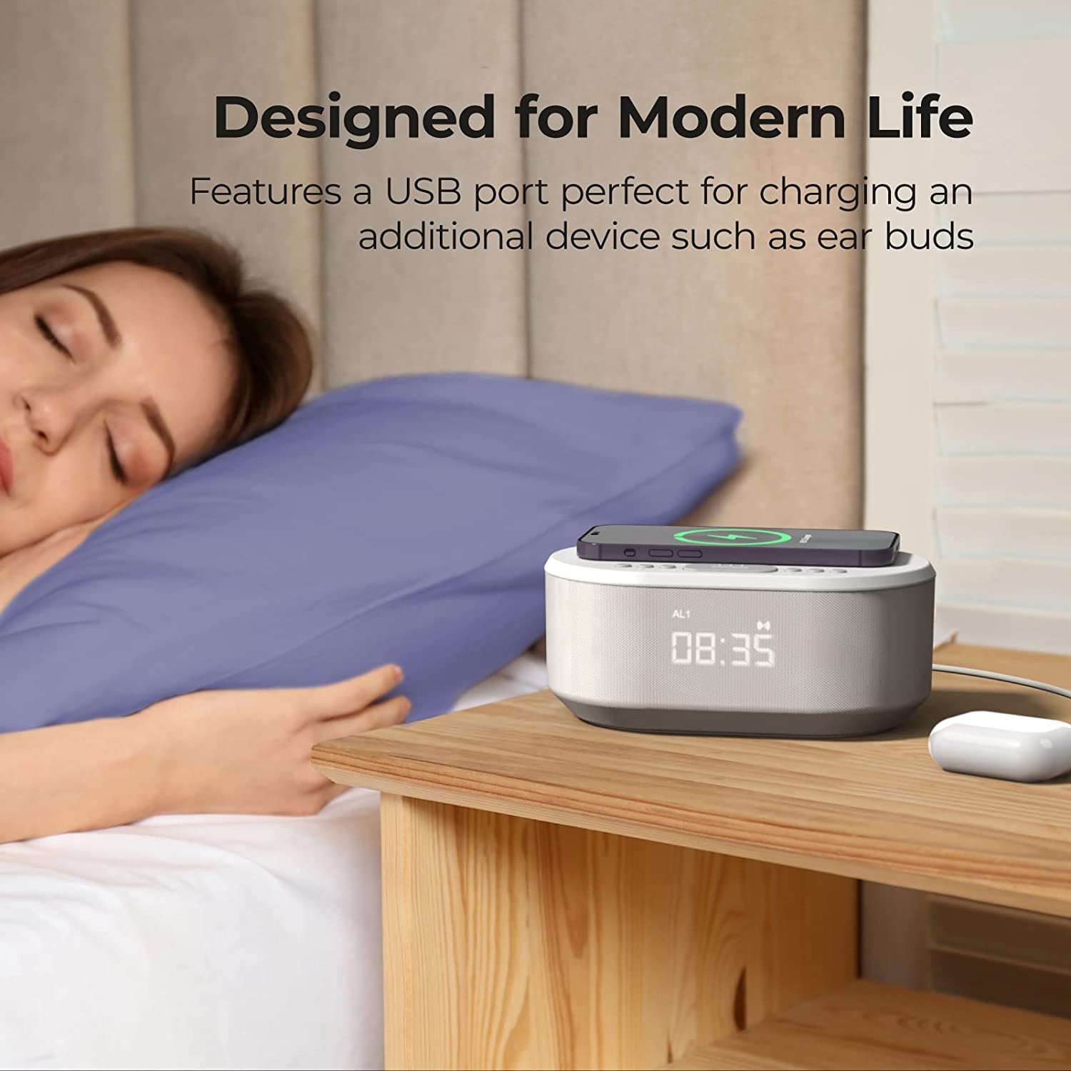 i-box Bedside Radio Alarm Clock with USB Charger, Bluetooth Speaker, QI Wireless Charging, Dual Alarm Dimmable LED Display (Grey)