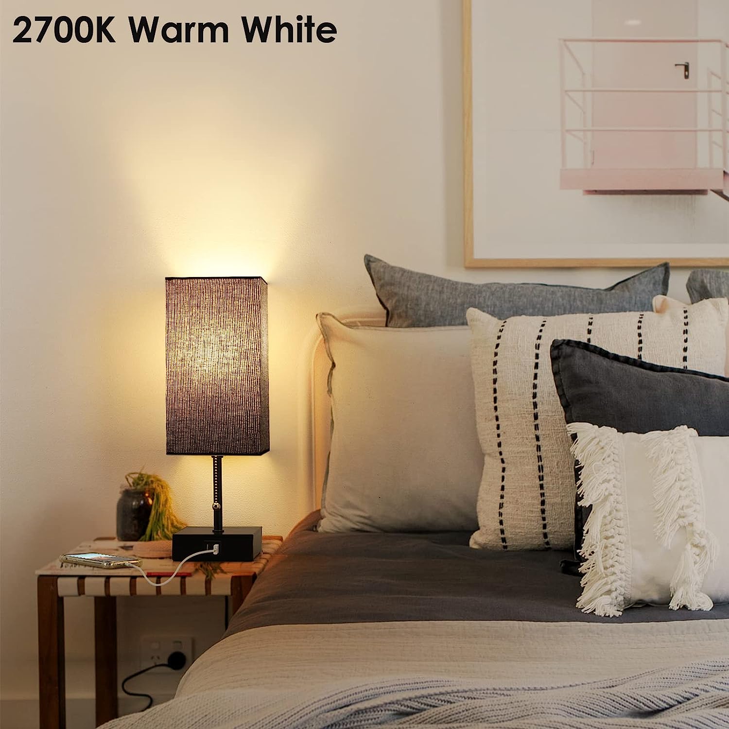 GGOYING Bedside Table Lamp, Pull Chain Table Lamp with Dual USB Charging Ports, 2700K LED Bulb, Fabric Linen Lampshade, Nightstand Lamp for Livingroom Bedroom Office Reading Working