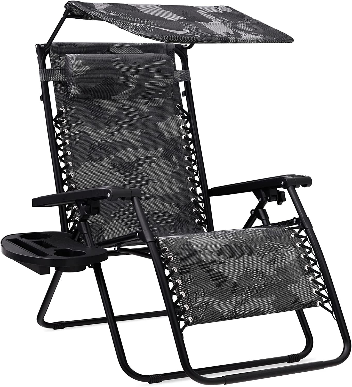 Folding Zero Gravity Outdoor Recliner Patio Lounge Chair w/Adjustable Canopy Shade, Headrest, Side Accessory Tray, Textilene Mesh - Beige