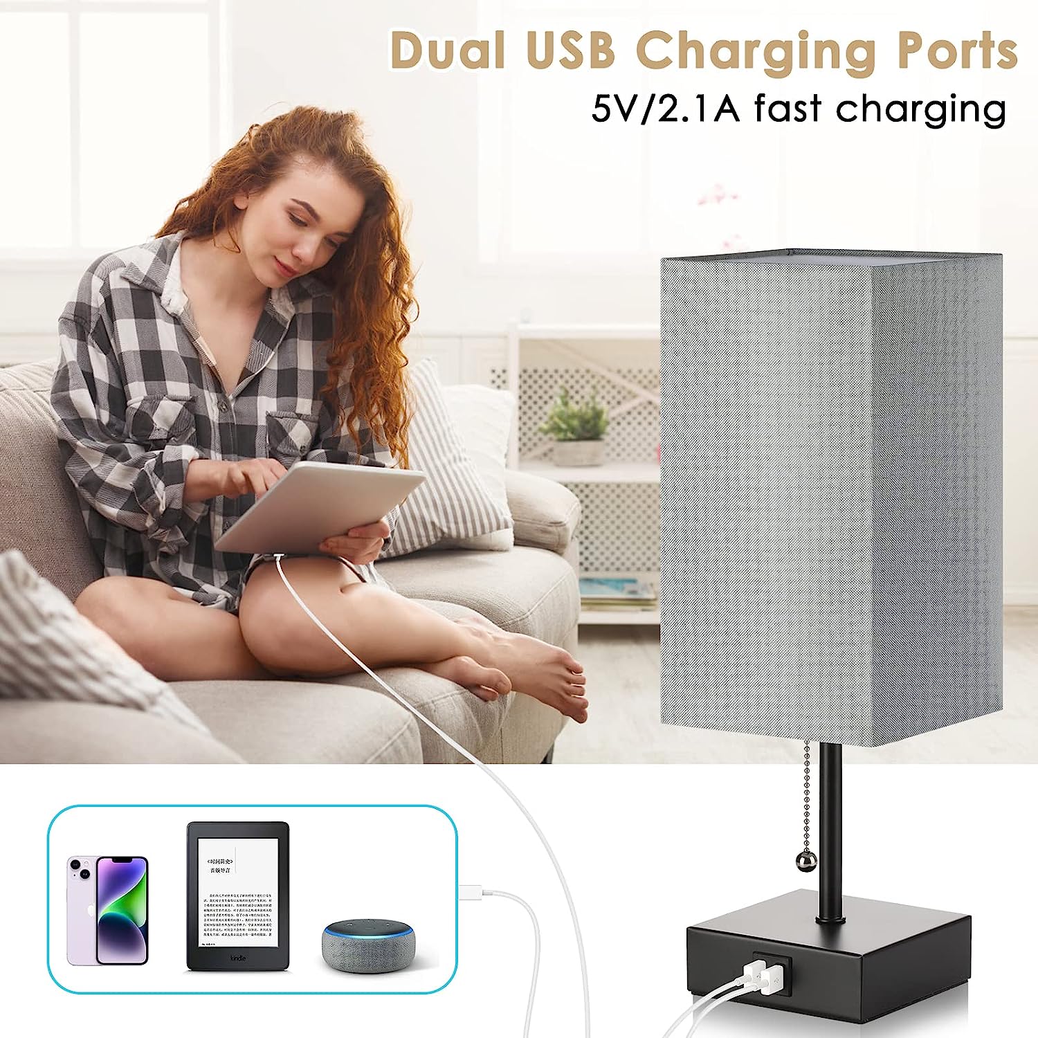 GGOYING Bedside Table Lamp, Pull Chain Table Lamp with Dual USB Charging Ports, 2700K LED Bulb, Fabric Linen Lampshade, Nightstand Lamp for Livingroom Bedroom Office Reading Working