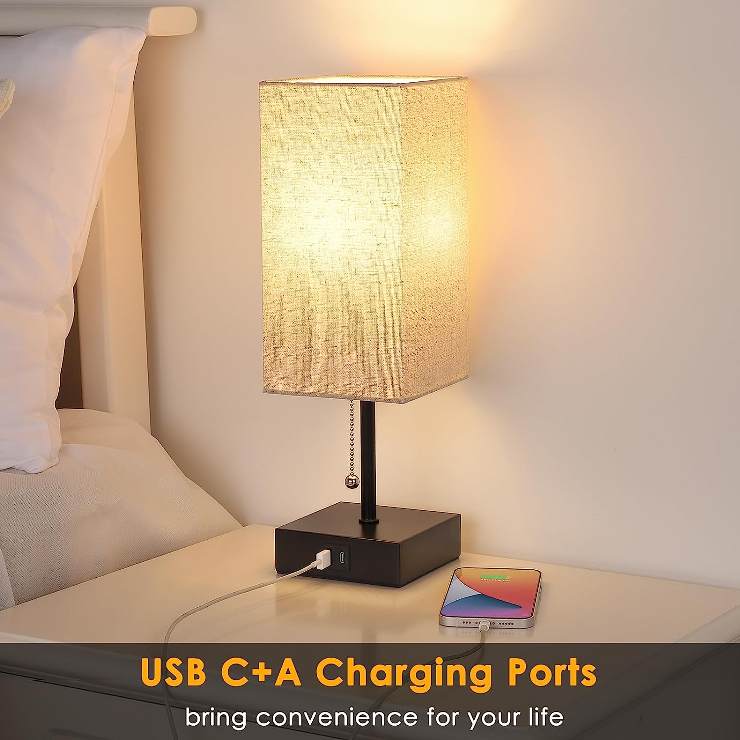 GGOYING Bedside Table Lamp, Pull Chain Table Lamp with Dual USB Charging Ports, 2700K LED Bulb, Fabric Linen Lampshade, Nightstand Lamp for Livingroom Bedroom Office Reading Working