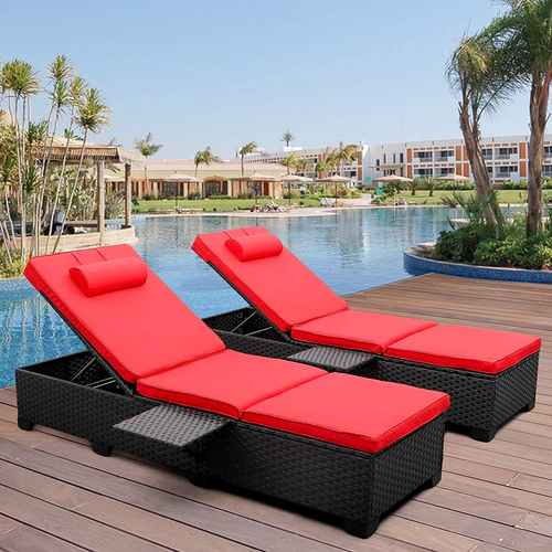 Outdoor PE Wicker Chaise Lounge Patio Black Rattan Reclining Chair Furniture Set