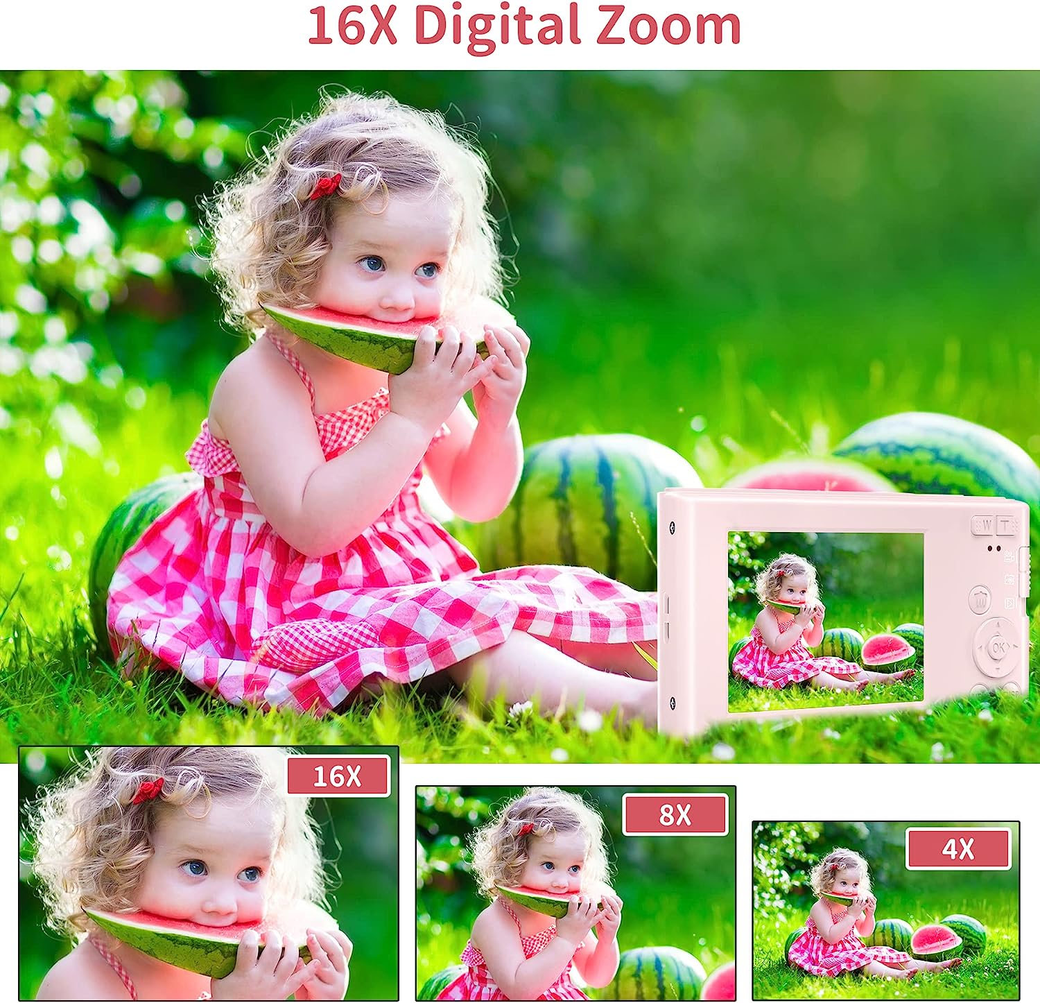 Saneen Digital Camera, FHD 2.7K Cameras for Photography, 44MP Kids Camera Small Compact Digital Camera for Teens, Adults & Beginners with 32GB SD Card, 16X Zoom, Two Rechargeable Batteries-Pink