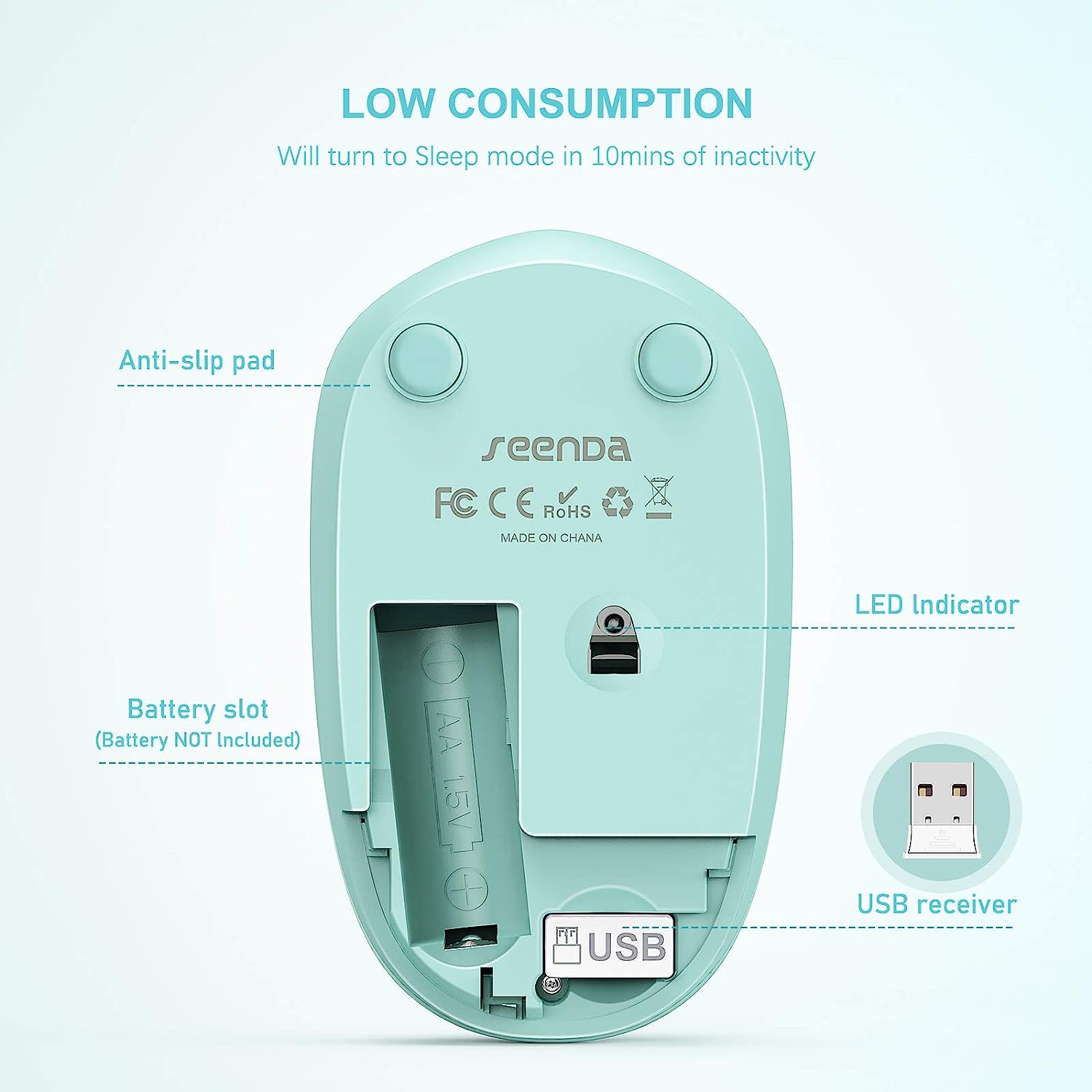 seenda Wireless Mouse, 2.4G Noiseless Mouse with USB Receiver - Portable Computer Mice for PC, Tablet, Laptop with Windows System - Mint Green