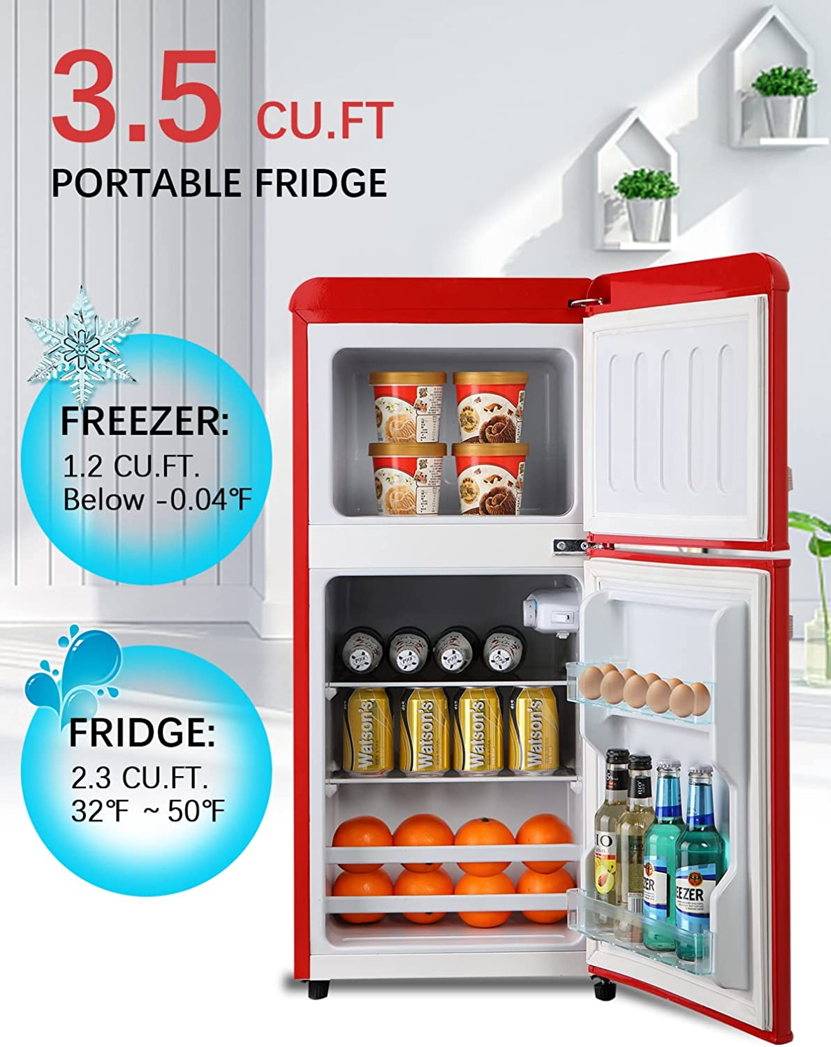 KRIB BLING Mini Fridge with Freezer on Top, 3.5 Cu.Ft Compact Refrigerator with 7 Levels Adjustable Thermostat, Small Fridge for Dorm, Office, RV Camping, Silver