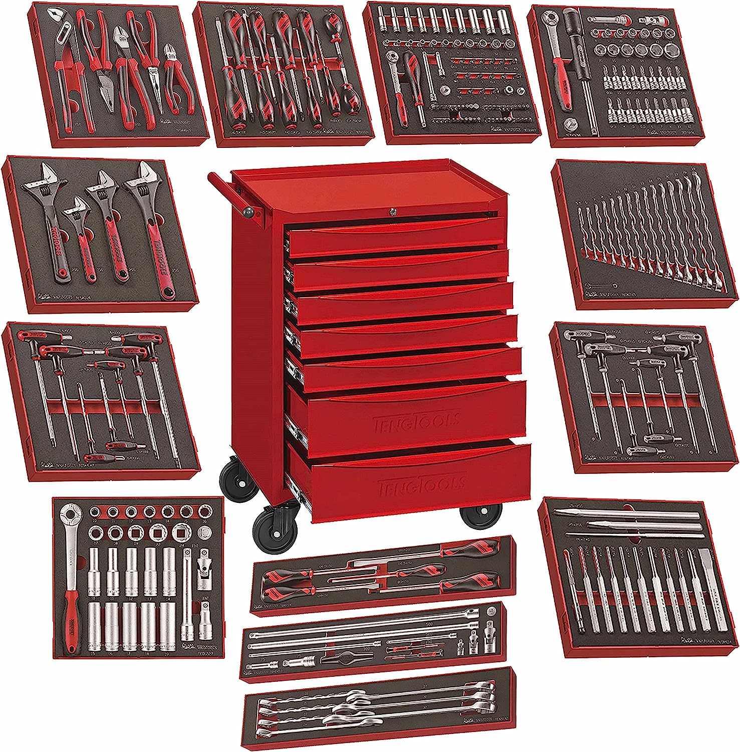 Teng Tools 240 Piece Complete Mixed EVA Foam General Hand Tool Kit With Free Heavy Duty Toolbox Storage Roller Cabinet (Mega Bundle 2) - TCW707EV-KIT3