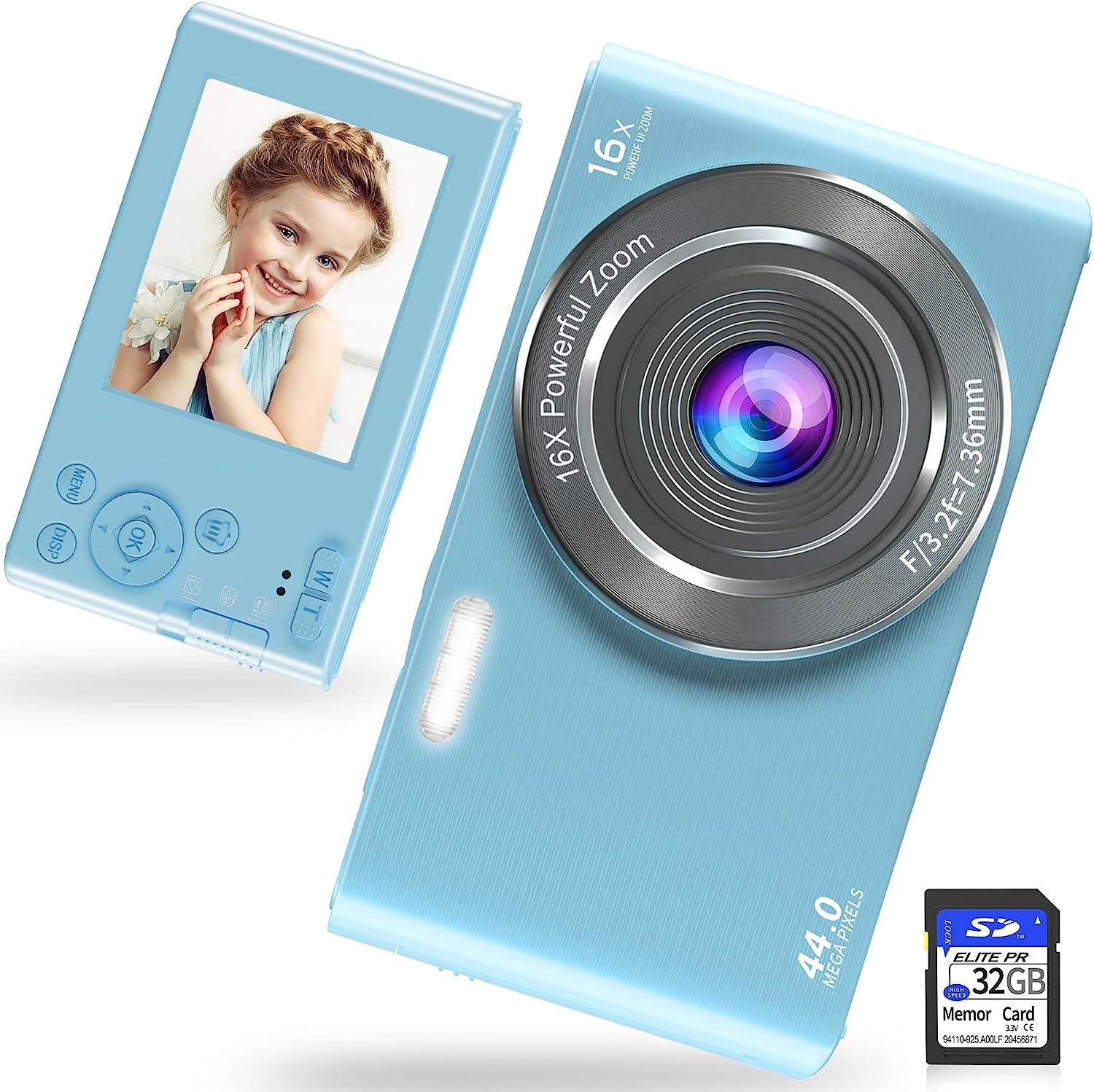 Saneen Digital Camera, FHD 2.7K Cameras for Photography, 44MP Kids Camera Small Compact Digital Camera for Teens, Adults & Beginners with 32GB SD Card, 16X Zoom, Two Rechargeable Batteries-Pink