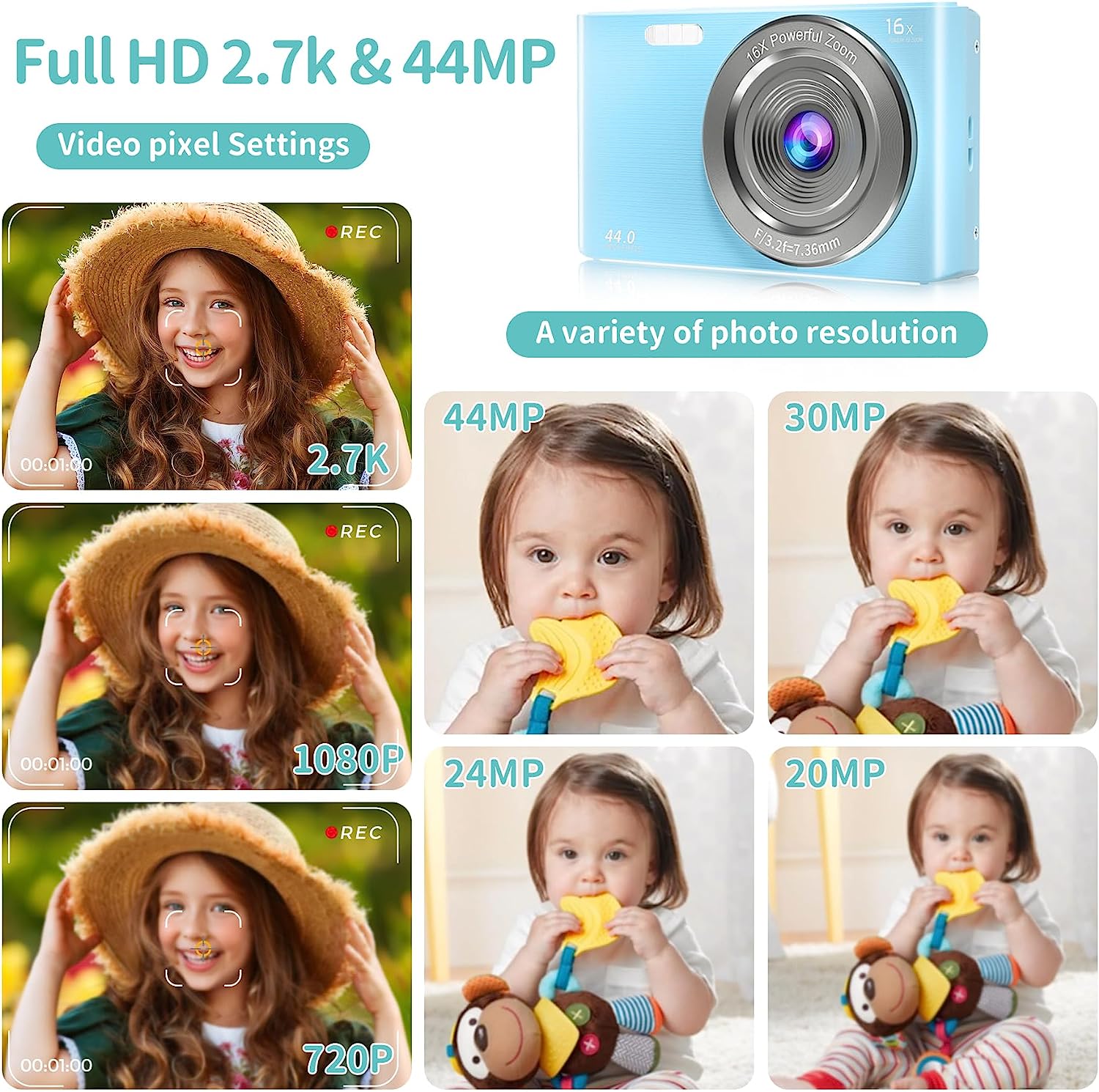 Saneen Digital Camera, FHD 2.7K Cameras for Photography, 44MP Kids Camera Small Compact Digital Camera for Teens, Adults & Beginners with 32GB SD Card, 16X Zoom, Two Rechargeable Batteries-Pink