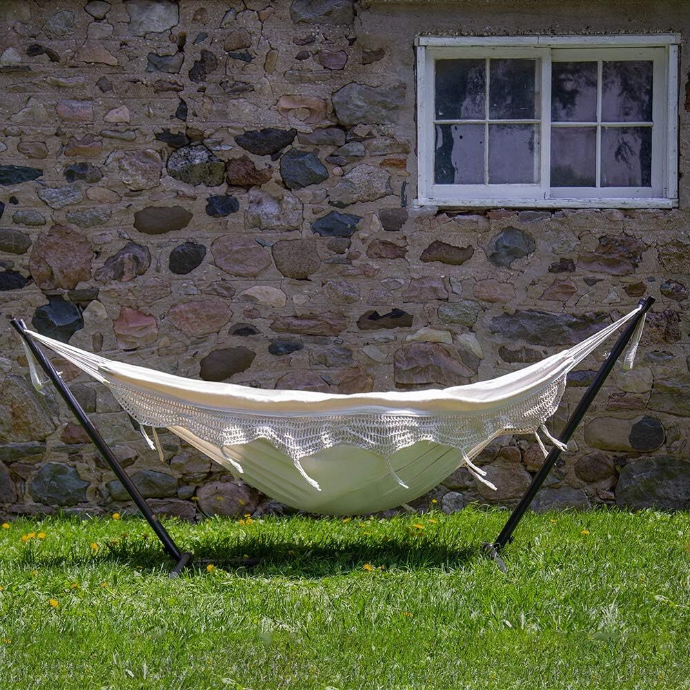 Double Cotton Hammock with Space Saving Steel Stand, Tropical (450 lb Capacity - Premium Carry Bag Included)