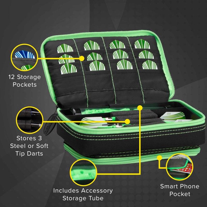 Casemaster Plazma Plus Dart Case Black with Green Trim and Phone Pocket