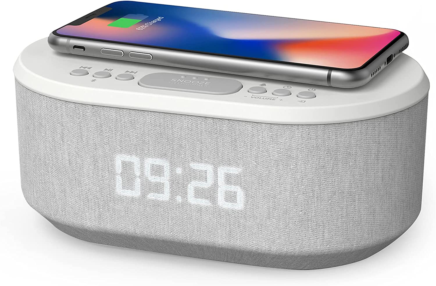 i-box Bedside Radio Alarm Clock with USB Charger, Bluetooth Speaker, QI Wireless Charging, Dual Alarm Dimmable LED Display (Grey)
