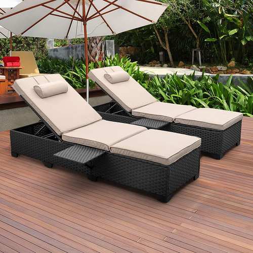 Outdoor PE Wicker Chaise Lounge Patio Black Rattan Reclining Chair Furniture Set