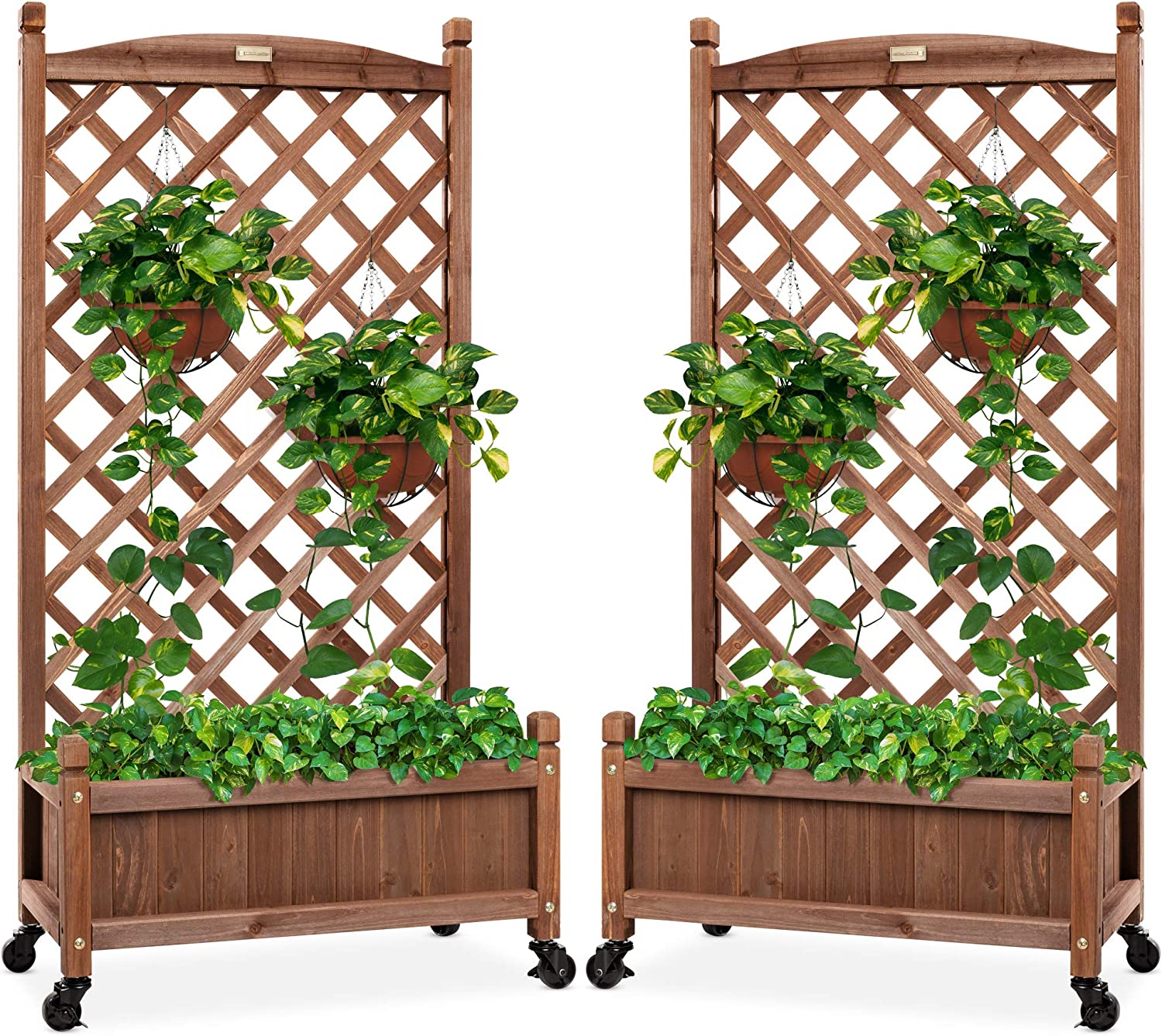 Set of 2 48in Wood Planter Box & Diamond Lattice Trellis, Mobile Outdoor Raised Garden Bed for Climbing Plants w/Drainage Holes, Optional Wheels - Walnut