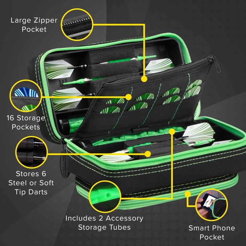 Casemaster Plazma Pro Dart Case Black with Green Trim and Phone Pocket