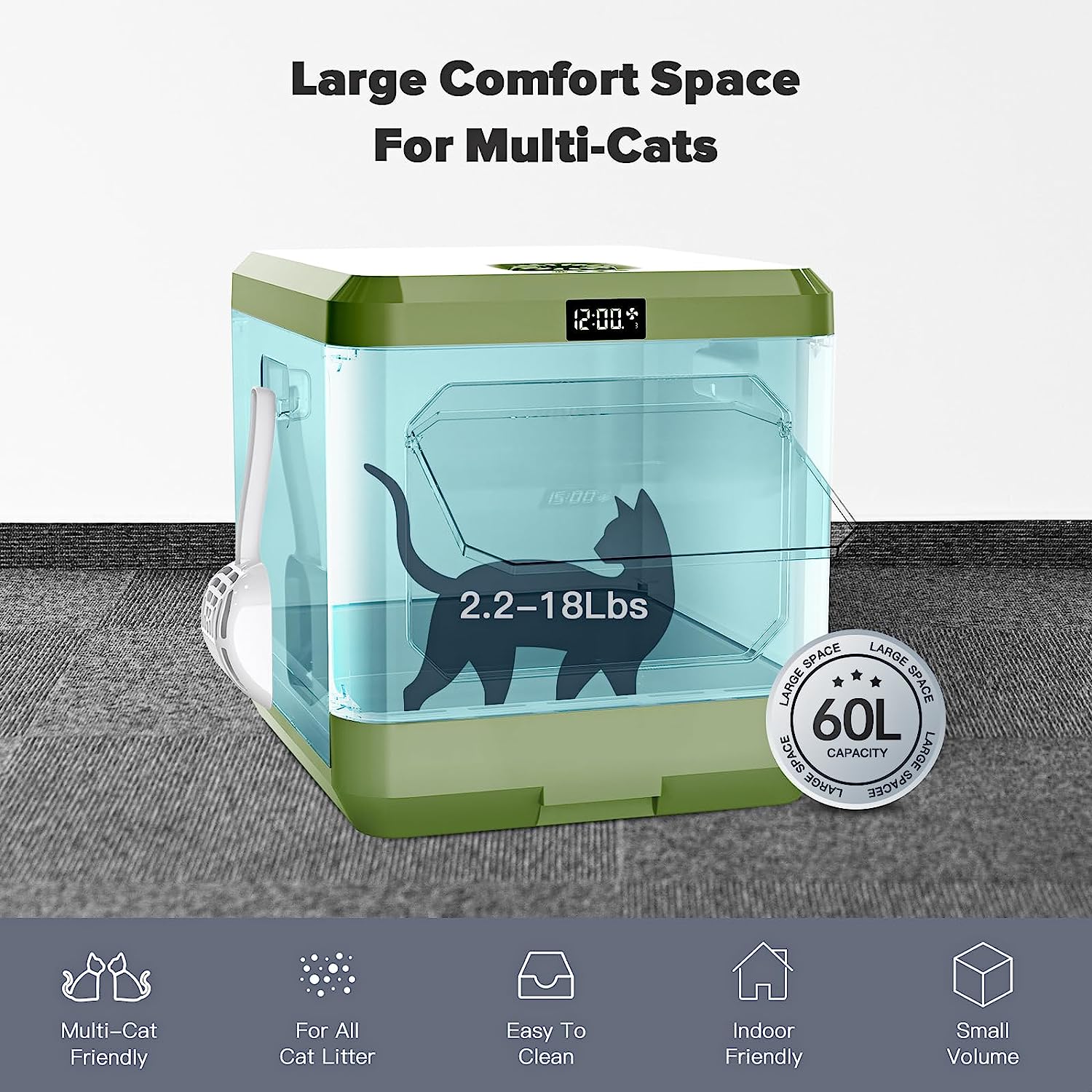 Smart Odor Removal Cat Litter Box, Covered Kitty Litter Box Extra Large Space, Enclosed Litter Box with Lid for Multiple Indoor Cats, Easy Clean, and Assemble, Includes Scoop and Mat