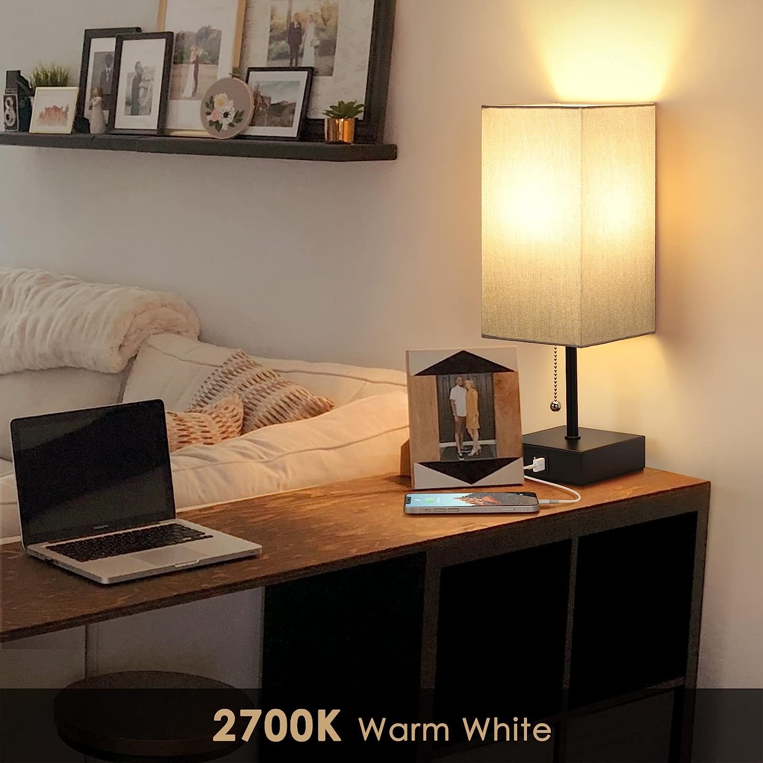 GGOYING Bedside Table Lamp, Pull Chain Table Lamp with Dual USB Charging Ports, 2700K LED Bulb, Fabric Linen Lampshade, Nightstand Lamp for Livingroom Bedroom Office Reading Working