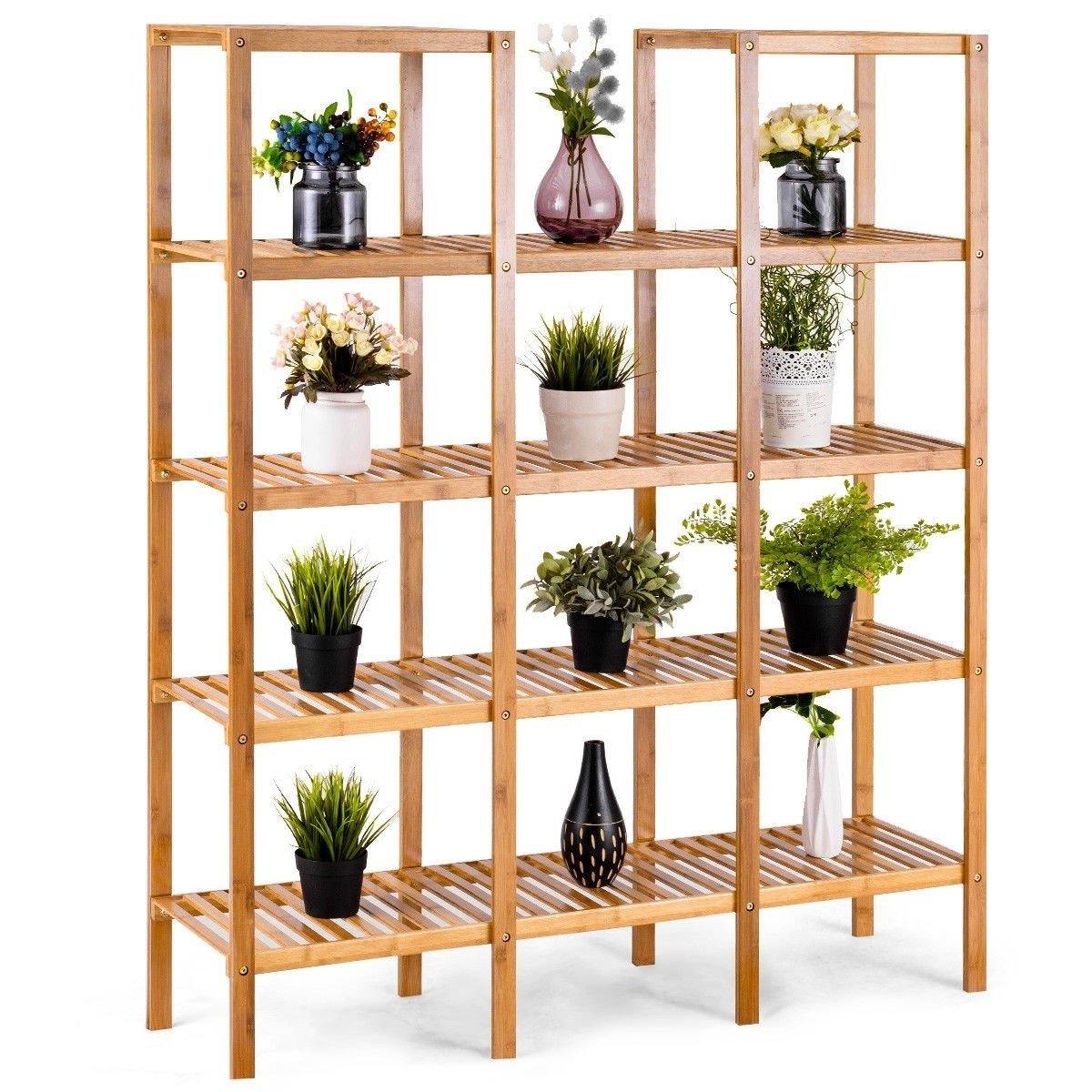 5 Tier Multifunctional Bamboo Shelf Rock Plant Display Stand (12 Pots)