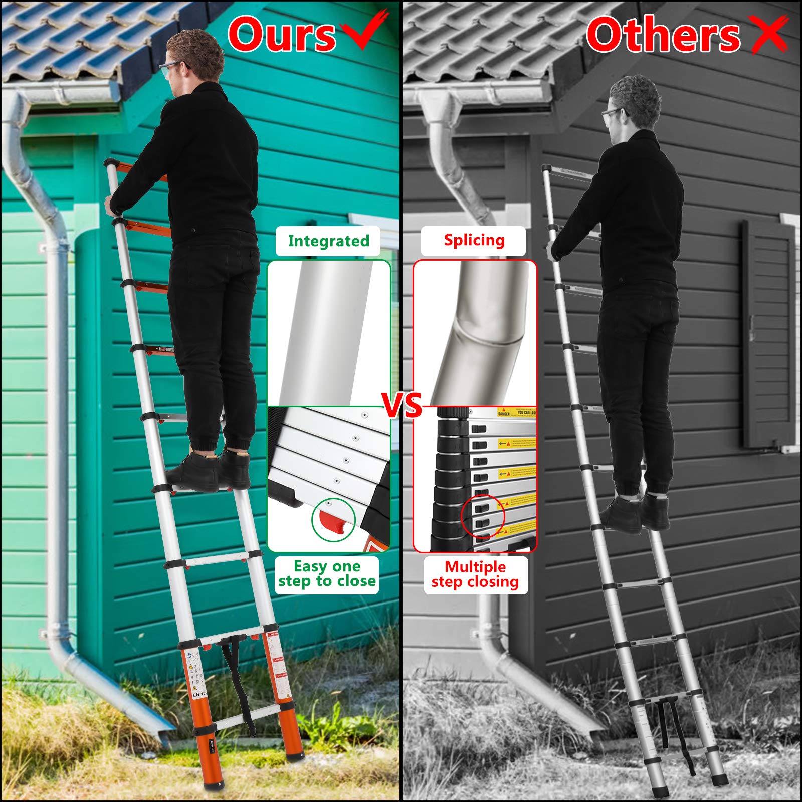 Multi-Use Telescoping Ladder Aluminum Extension Ladder One-Button Retraction 330 Lb Capacity
