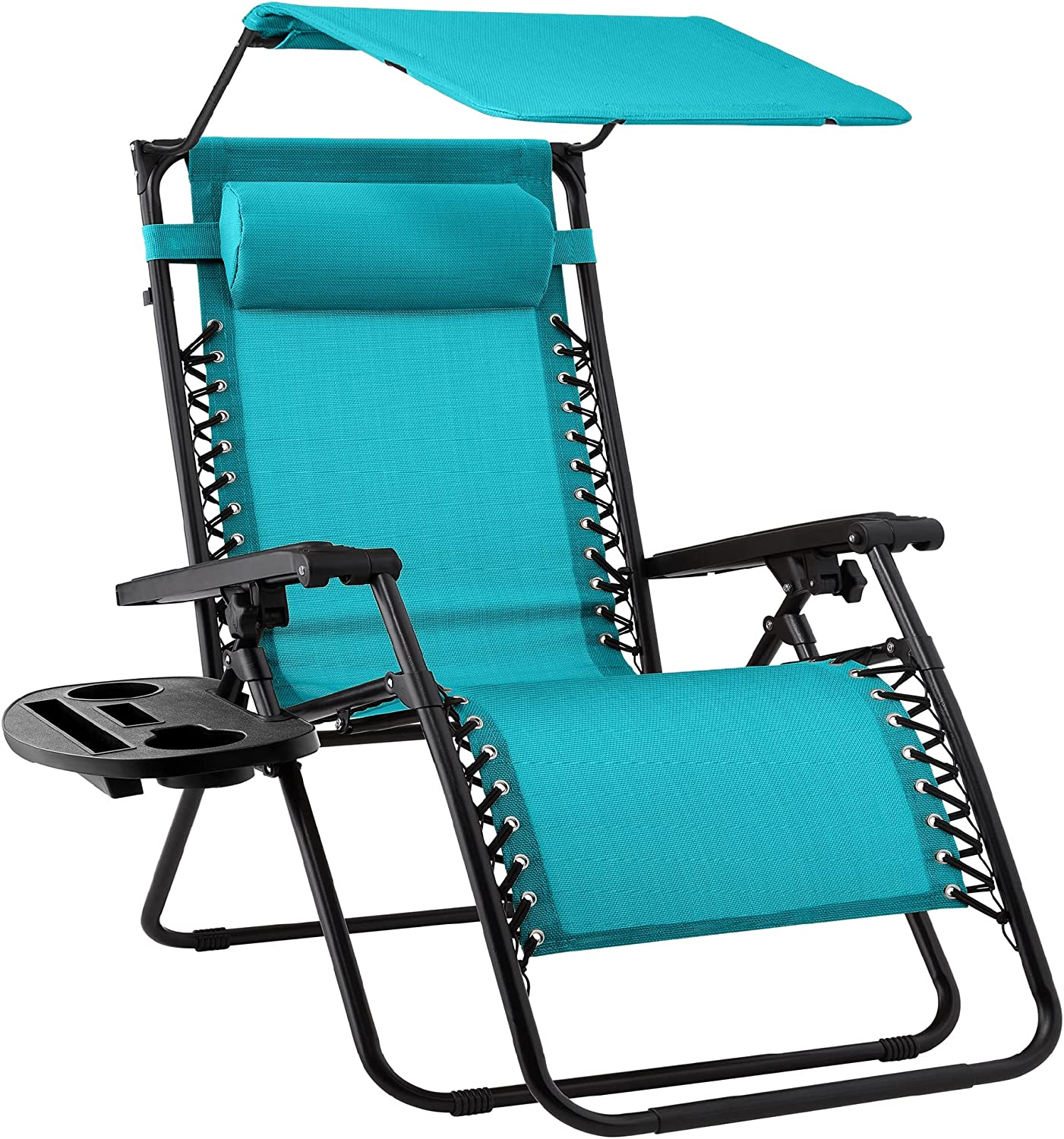 Folding Zero Gravity Outdoor Recliner Patio Lounge Chair w/Adjustable Canopy Shade, Headrest, Side Accessory Tray, Textilene Mesh - Beige