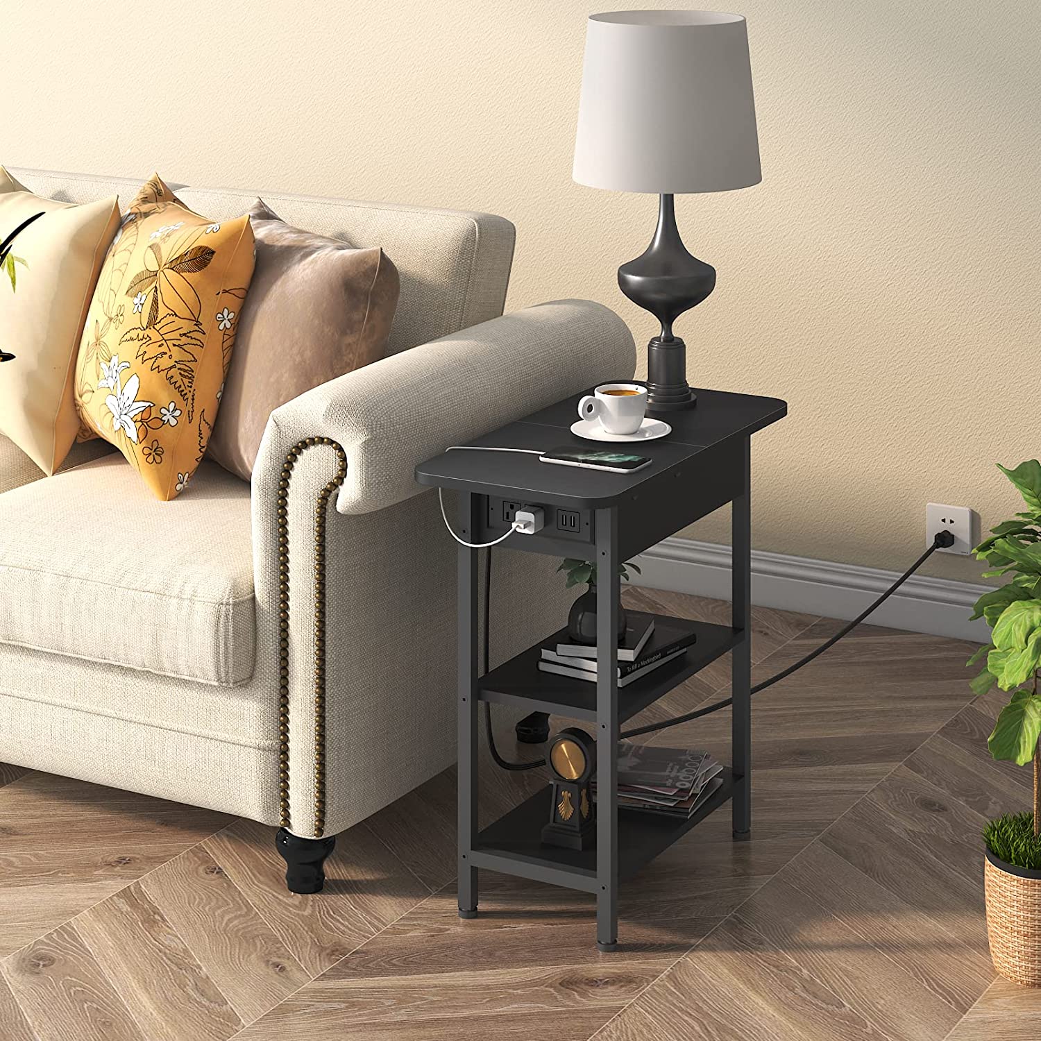 End Table with Charging Station, Flip Top Side Table with USB Ports and Outlets, Nightstand for Small Spaces, Bedside Tables with Storage Shelf for Living Room, Bedroom