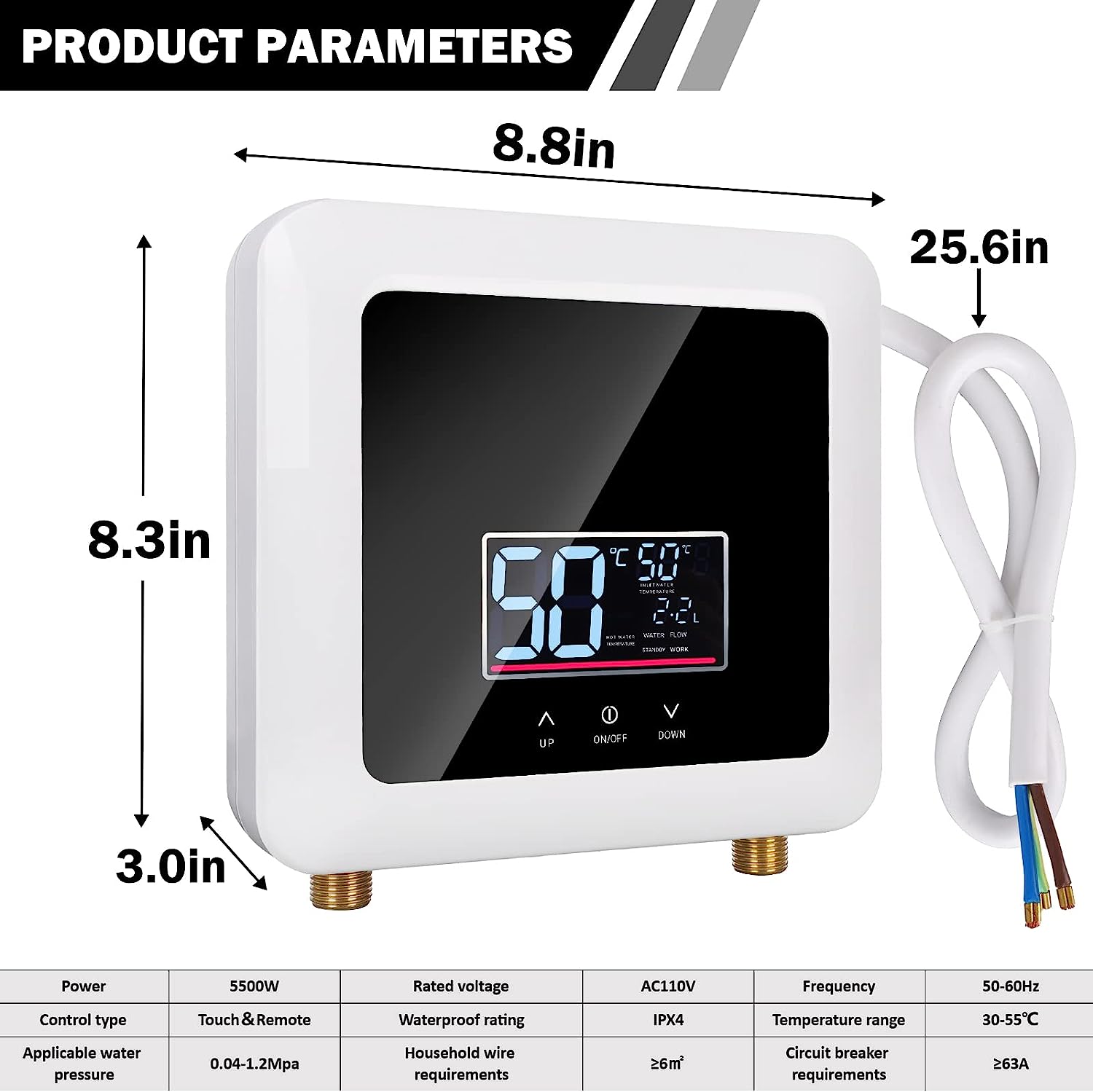 Tankless Water Heater Electric 5500W 110V,Constant Temperature Instant Hot Water Heater with Remote Control Digital Display RV water heater for Home Kitchen Indoor(White)(Can't Use Socket)