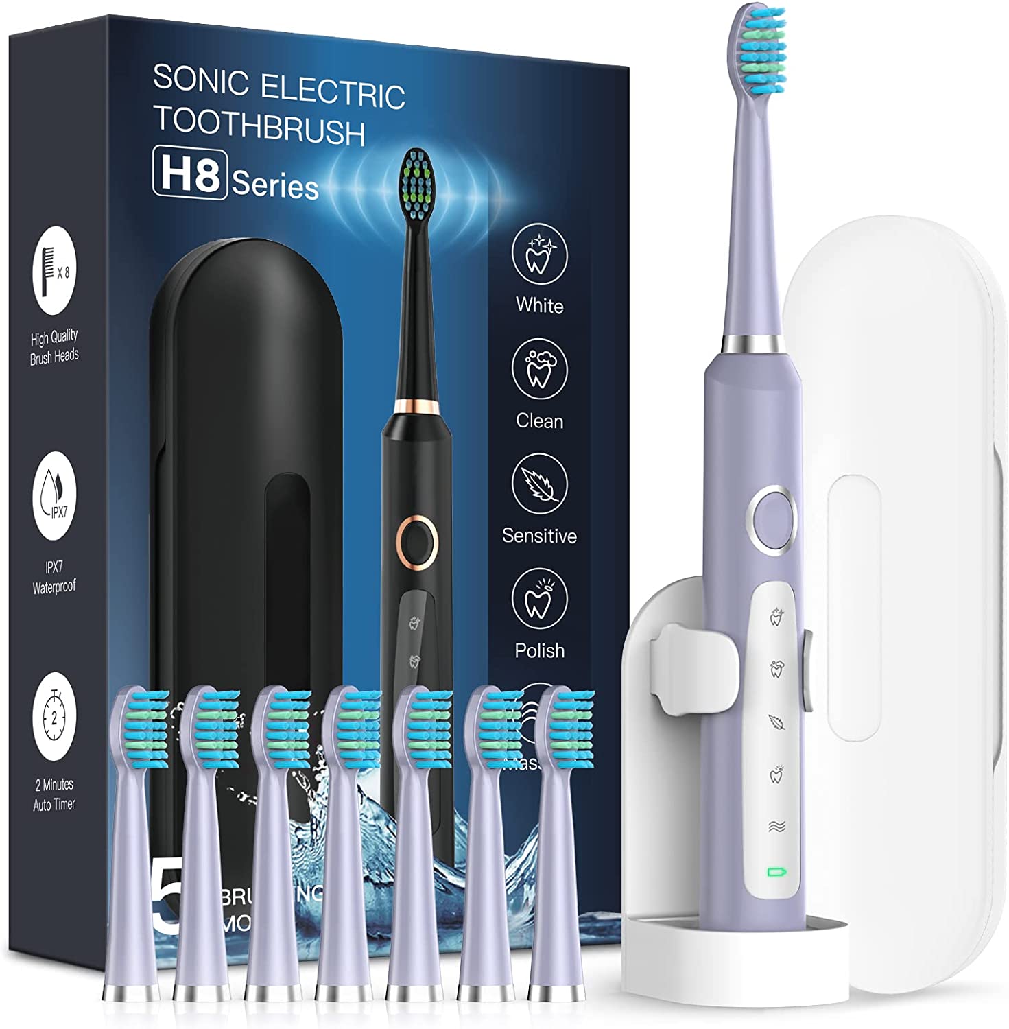 Sonic Electric Toothbrush for Adults - Rechargeable Electric Toothbrushes with 8 Brush Heads, & Travel Case,Teeth Whitening , Power Electric Toothbrush with Holder, Once Charge for 120 Days - H8 Pink