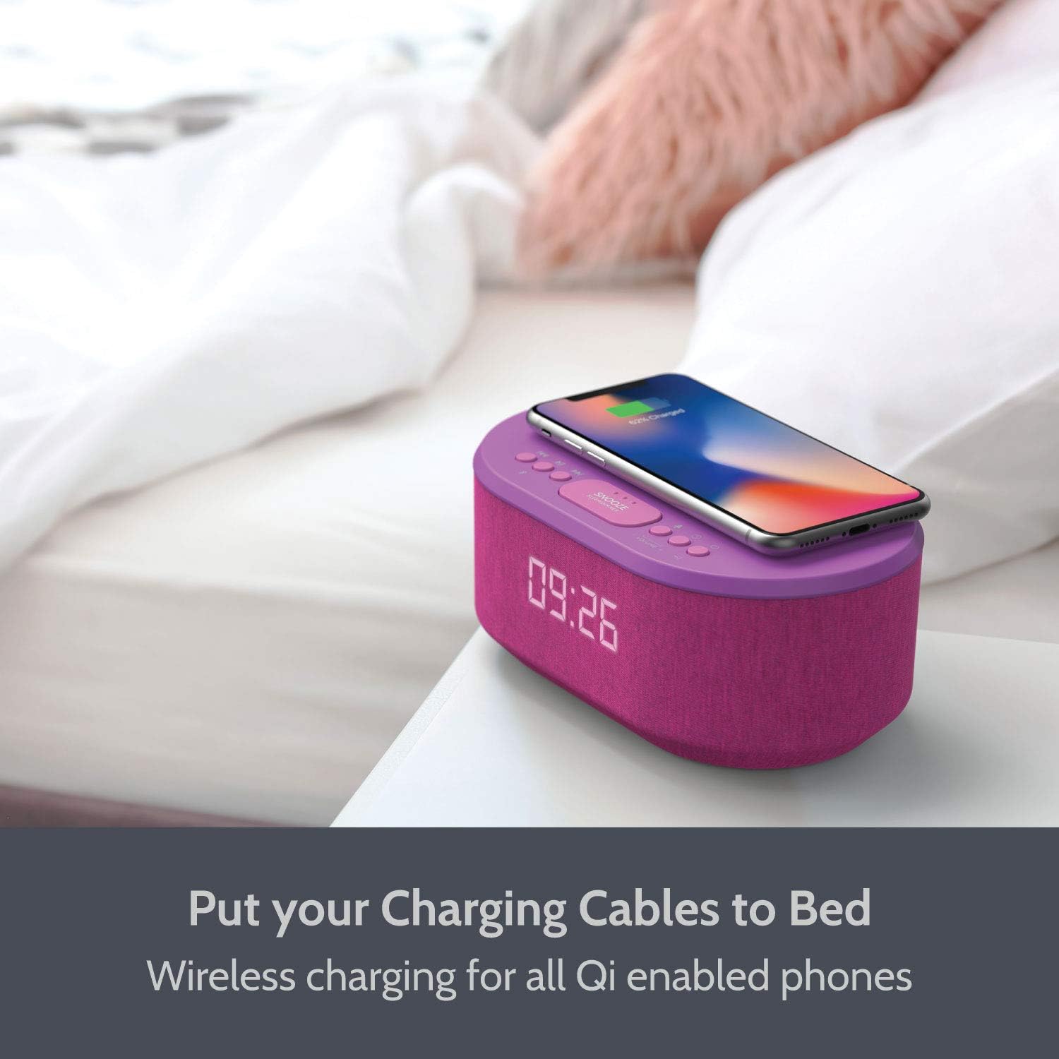 i-box Bedside Radio Alarm Clock with USB Charger, Bluetooth Speaker, QI Wireless Charging, Dual Alarm Dimmable LED Display (Grey)