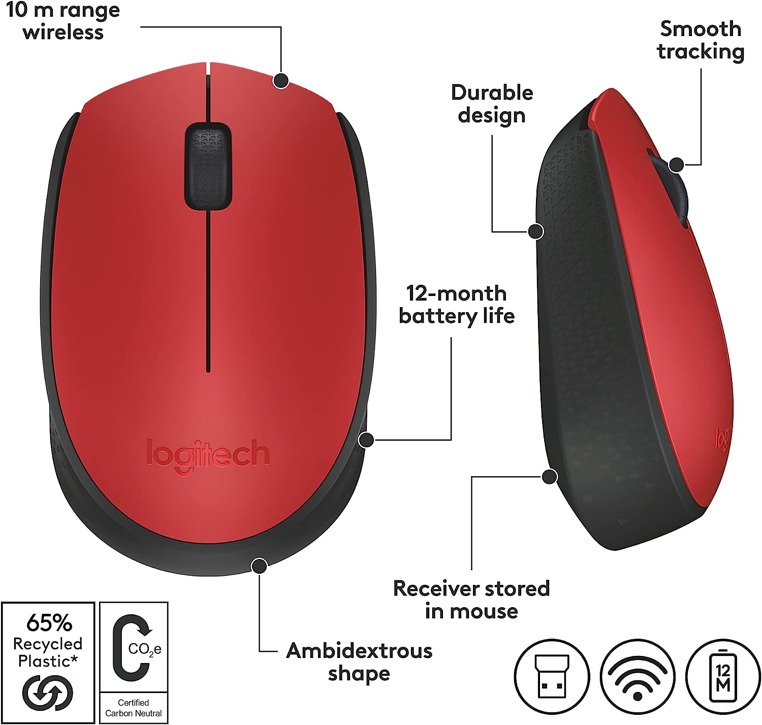 Logitech M170 Wireless Mouse for PC, Mac, Laptop, 2.4 GHz with USB Mini Receiver, Optical Tracking, 12-Months Battery Life, Ambidextrous - Blue Grey