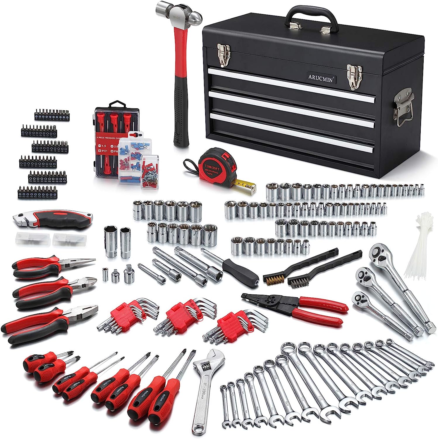 ARUCMIN 438-Piece Mechanics Tool Set with 3-Drawer Heavy Duty Metal Box Repair Tool Kit