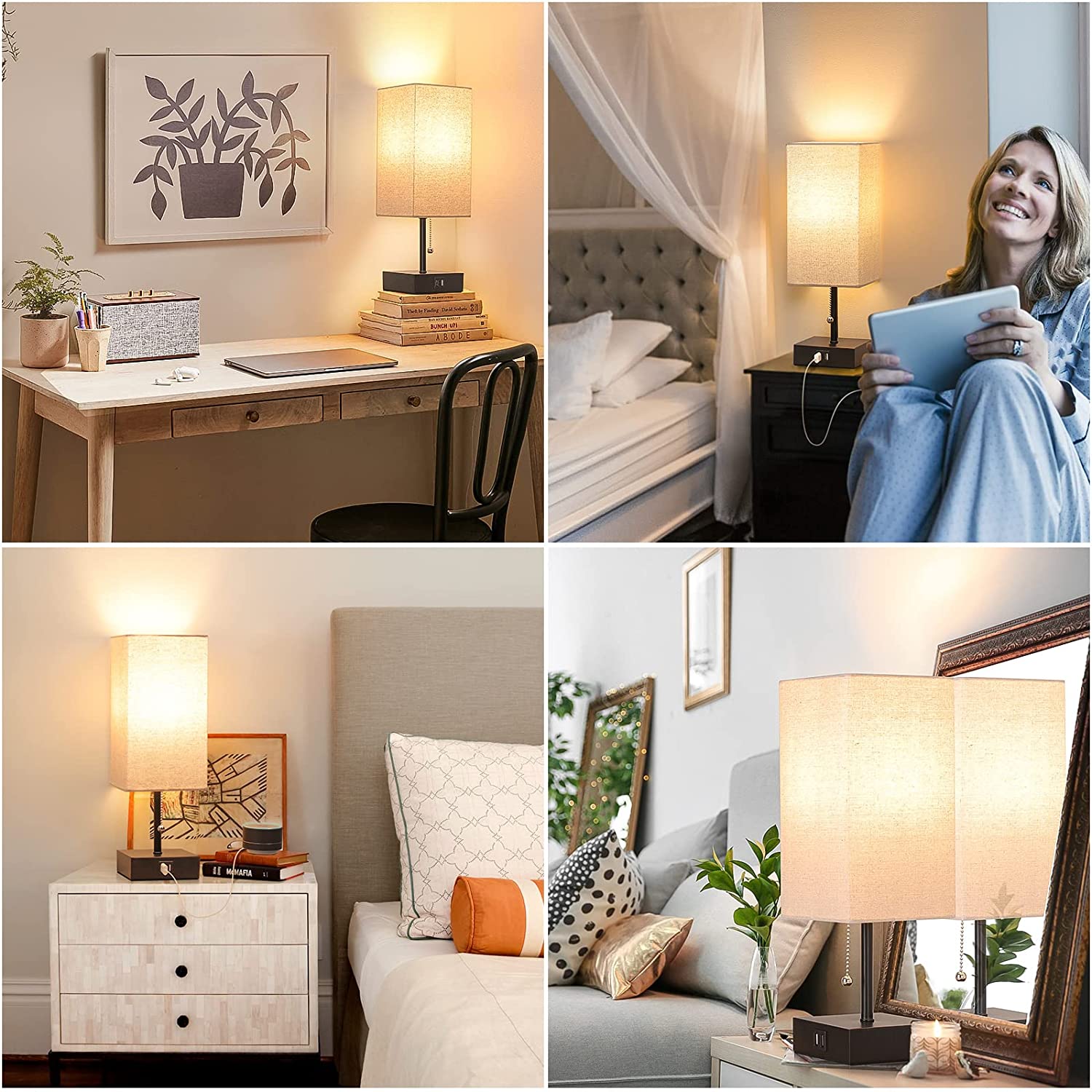 GGOYING Bedside Table Lamp, Pull Chain Table Lamp with Dual USB Charging Ports, 2700K LED Bulb, Fabric Linen Lampshade, Nightstand Lamp for Livingroom Bedroom Office Reading Working