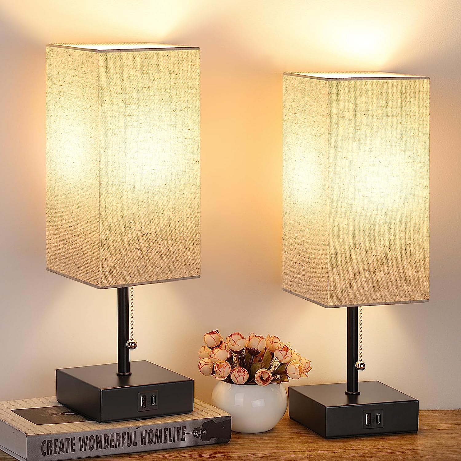 GGOYING Bedside Table Lamp, Pull Chain Table Lamp with Dual USB Charging Ports, 2700K LED Bulb, Fabric Linen Lampshade, Nightstand Lamp for Livingroom Bedroom Office Reading Working